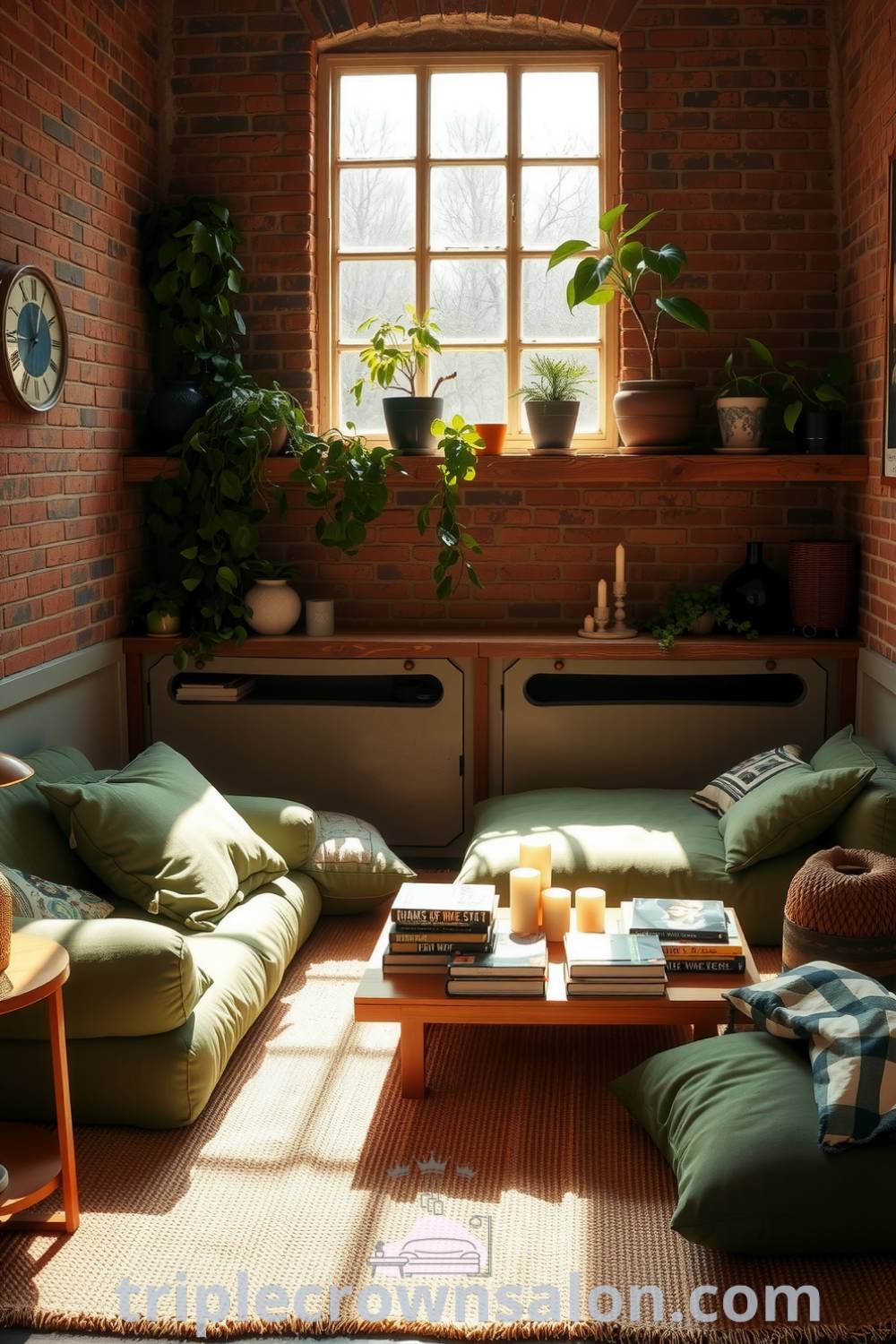 Cozy boho living room with soft green cushions, a jute rug, exposed brick walls, potted plants on a rustic wooden shelf, and a low coffee table scattered with books and candles, creating an inviting atmosphere for your home, inspired by unique decor ideas from fireplacesandwoodstoves.com.