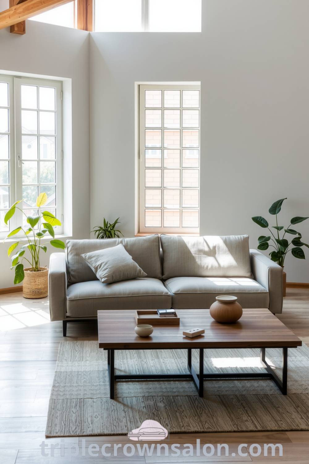 Cozy Japandi living room with soft grey tones, polished oak and grey metal furniture, textured linen cushions, wooden coffee table with artisanal trinkets, and green plants, creating a harmonious and inviting atmosphere. For more cozy home designs and decor inspirations, visit triplecrownsalon.com.