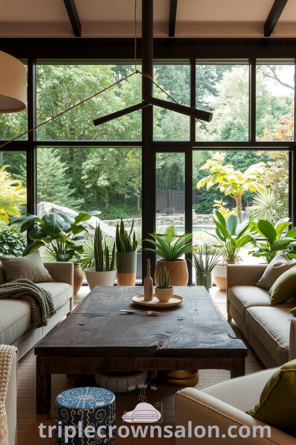 Nature-inspired living room featuring soft muted greens and earthy browns, a weathered wooden coffee table, plush linen sofas, and large windows framing a vibrant garden view, enhanced with potted plants, embodying cozy decor ideas for a warm and inviting home at triplecrownsalon.com.