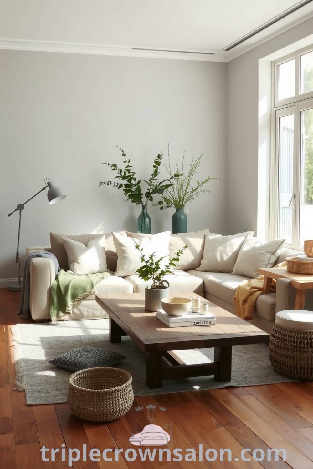 Japandi living room featuring a muted grey palette, soft textiles, a low wooden coffee table, plush cushions, large windows, and decorative plants in woven baskets, creating a cozy and tranquil atmosphere. Visit triplecrownsalon.com for more cozy aesthetic and decor ideas for your home.