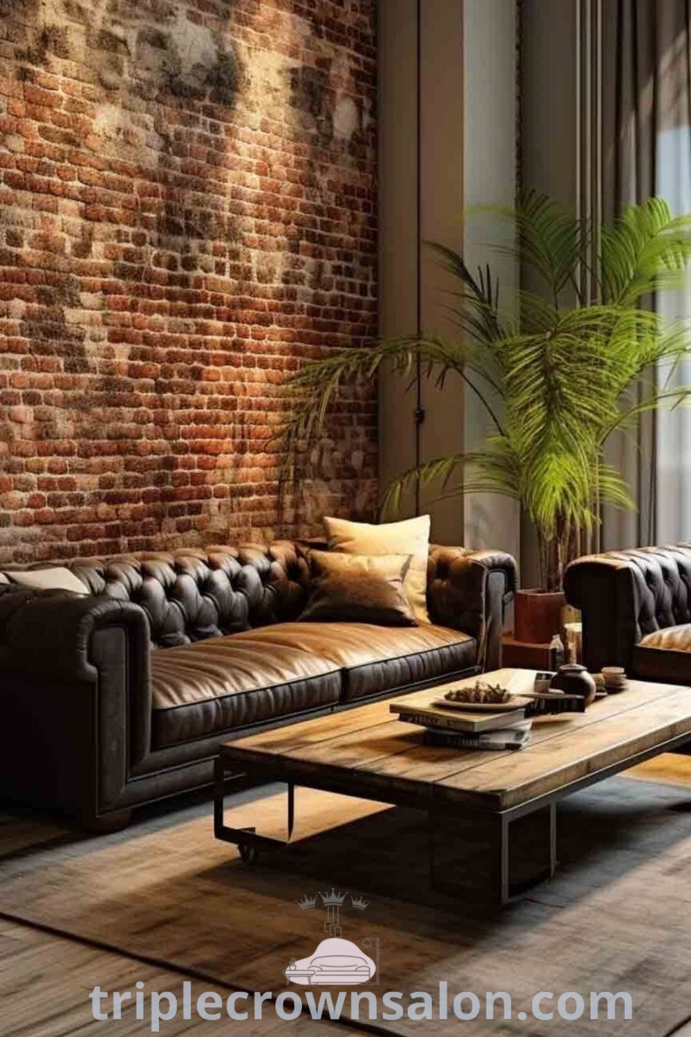 A stylish brick loft living room featuring two couches and a coffee table in front of an exposed brick wall, showcasing unique decor ideas for a cozy home. This space is perfect for inspiring design trends and offers functional benefits for house or apartment living. Discover more at triplecrownsalon.com.