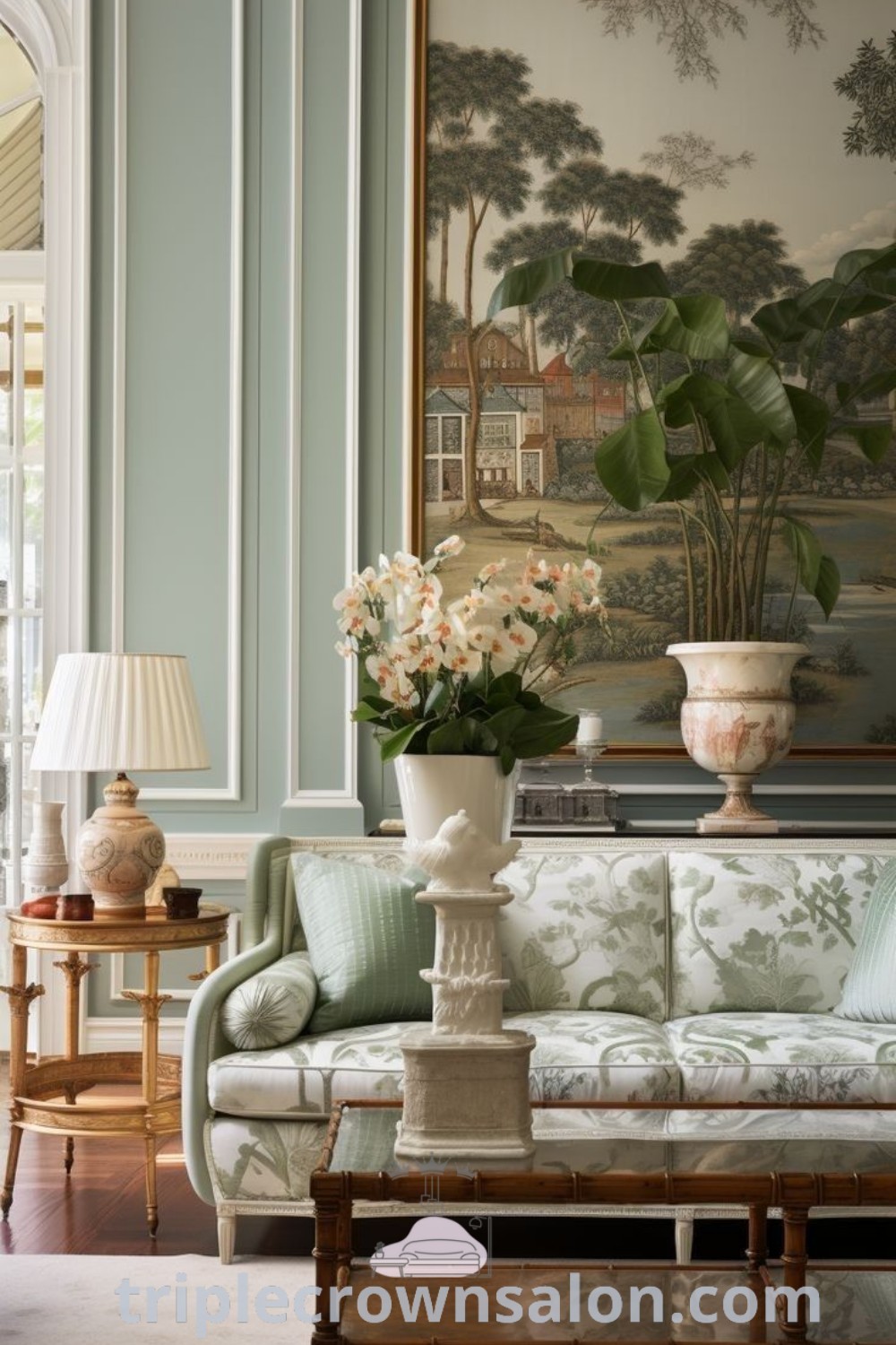 A beautifully decorated living room featuring rich furniture, flowers in vases, and a cozy aesthetic reflecting Modern Southern Interior Design. This inspiring space offers unique ideas for your home and is perfect for those exploring decor ideas for small spaces and dark cozy bedroom inspirations. Discover more design tips at triplecrownsalon.com.