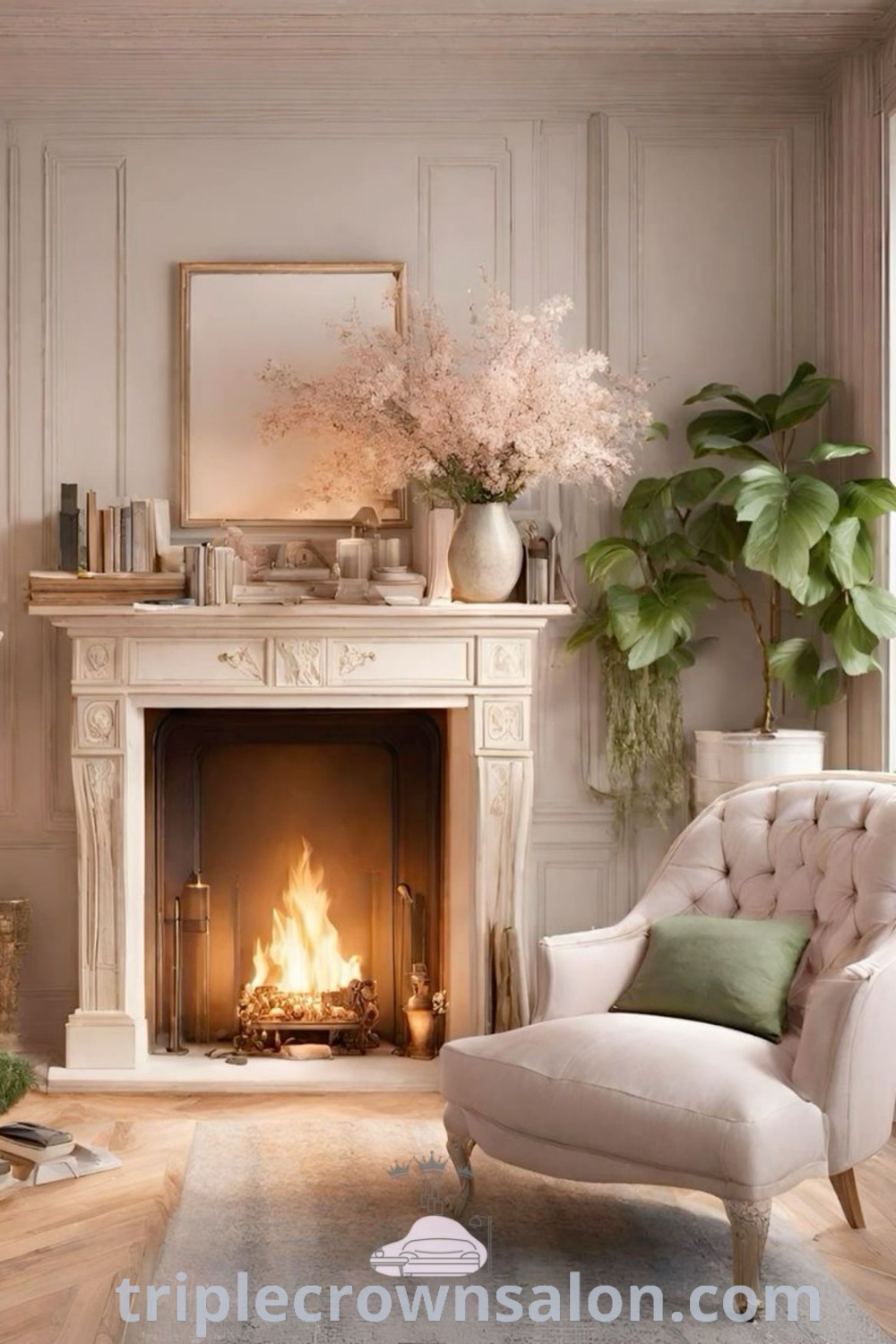 A cozy living room featuring a stylish chair, a warm fireplace, and a potted plant, creating an inviting atmosphere for relaxation. This decor setup offers unique ideas for home living room decor, perfect for wellnesswink.com users seeking tranquil bedroom inspirations and stylish room revamps.