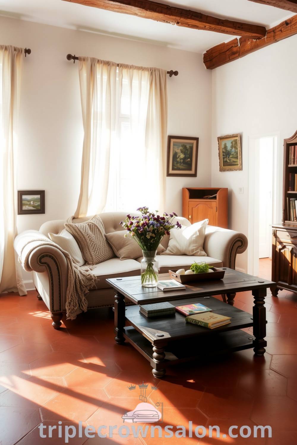 Cozy French living room featuring terracotta tiles, pastel walls, a vintage sofa with a knitted throw, an antique coffee table with wildflowers, and sunlight through sheer curtains, showcasing cozy decor ideas and inspirations for creating a warm, inviting space at home on triplecrownsalon.com.