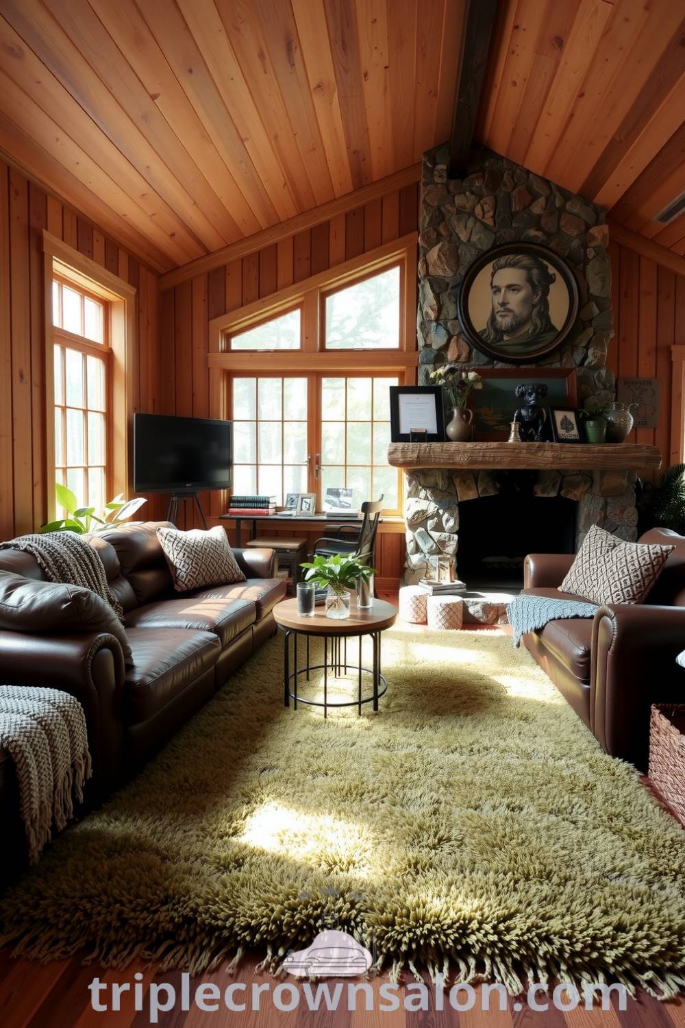 Cozy living room with soft earth tones, natural wood paneling, a plush moss-green rug, and worn leather sofas, creating a serene retreat that connects with nature. Discover cozy ideas and decor inspirations for your home at triplecrownsalon.com.