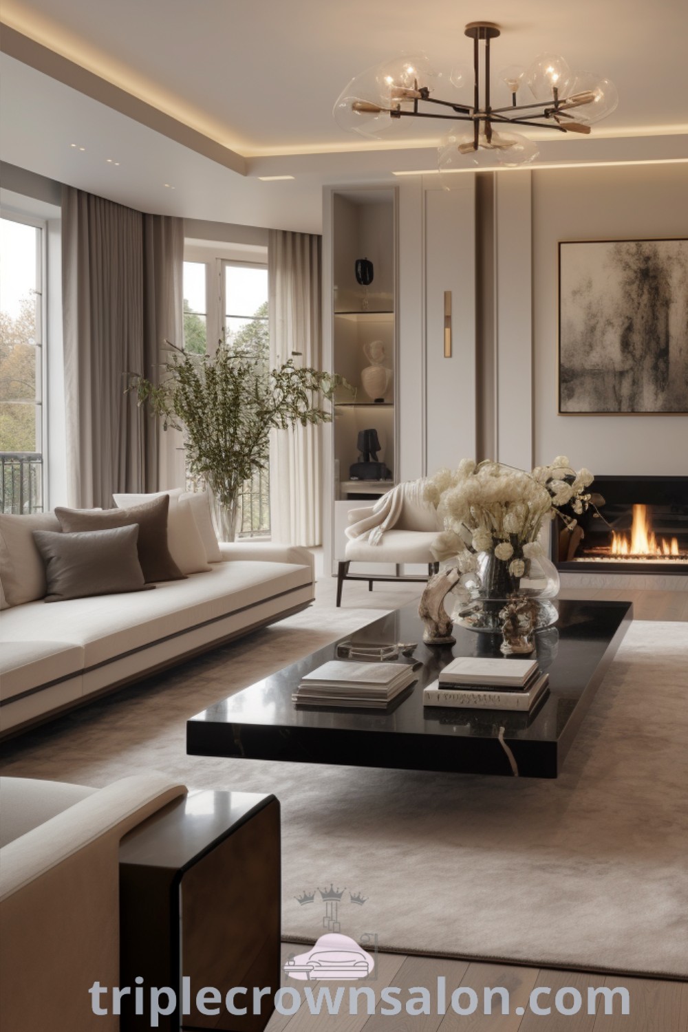 A beautifully decorated living room with sophisticated furniture, a central fireplace, and a contemporary minimalist design. This space offers cozy ideas and unique decor inspirations, making it a perfect example of elegant living room design. Discover more at wellnesswink.com.
