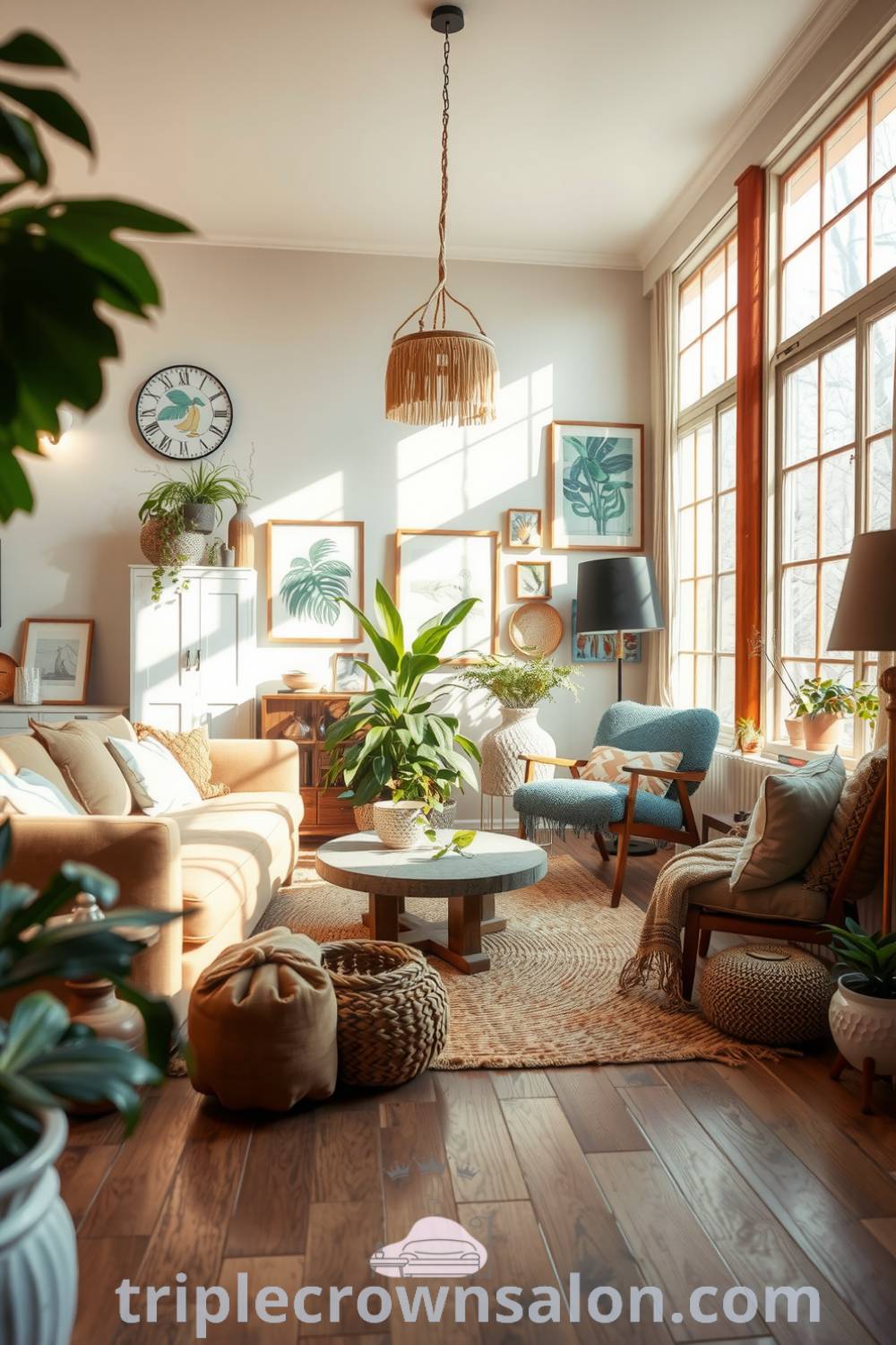 A cozy Boho living room filled with soft green accents, natural wood, and woven textiles, featuring eclectic artwork and greenery, creating a serene atmosphere, ideal for inspiring cozy home design ideas. Visit fireplacesandwoodstoves.com for more decor inspirations.