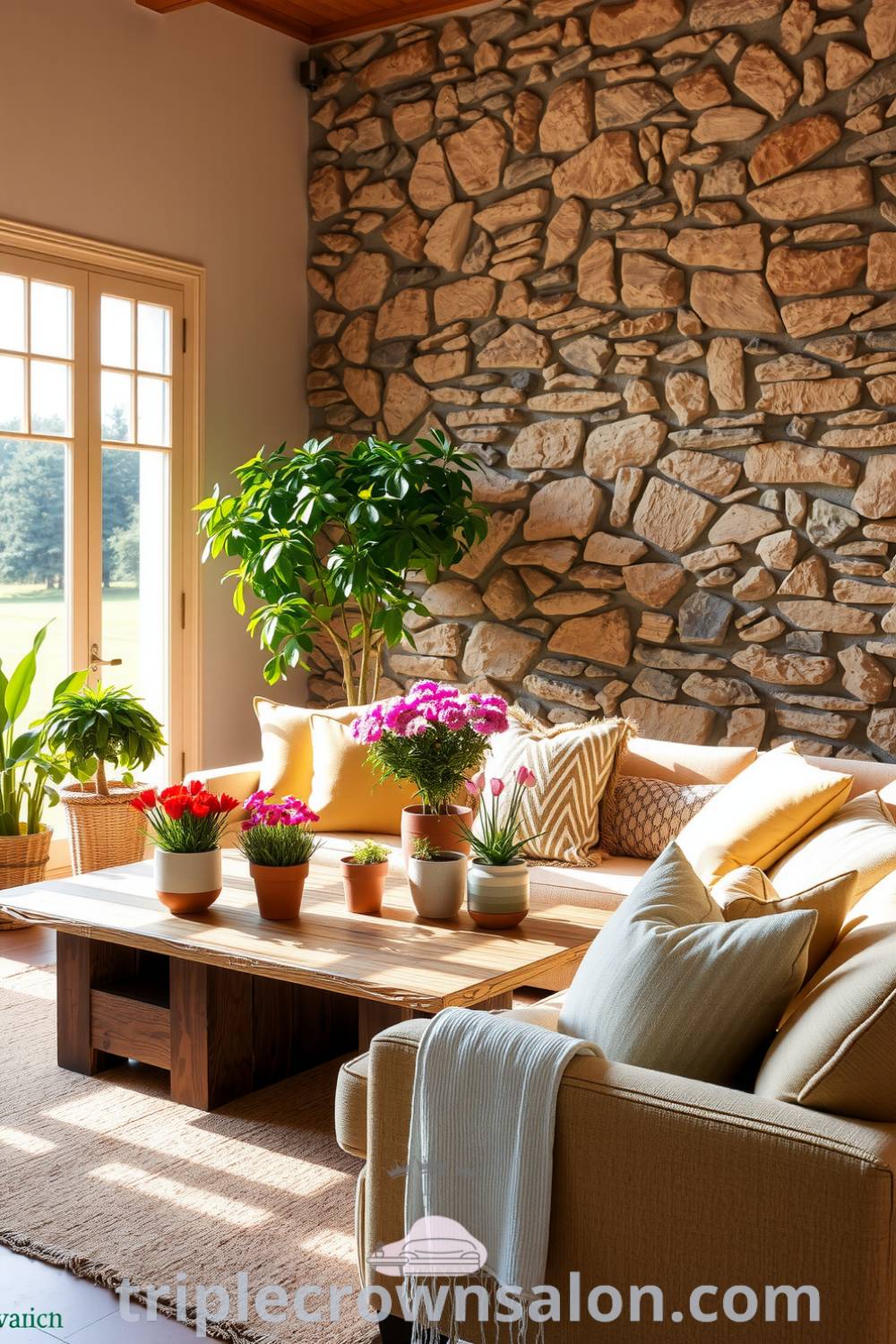 Nature-inspired living room with sunlight filtering through large windows, a reclaimed wood coffee table adorned with vibrant potted plants, a cozy natural fiber sofa with soft earthy-toned cushions, creating a serene and inviting space. For more cozy decor ideas, visit triplecrownsalon.com.
