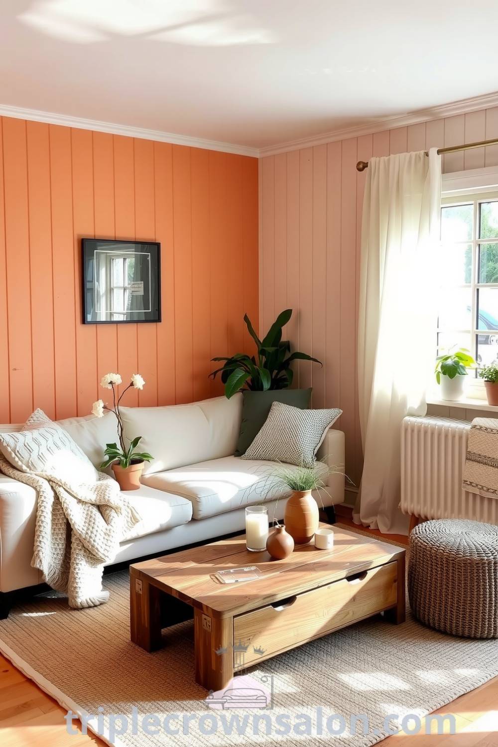 Scandinavian living room design featuring warm orange accents, light wooden walls, a comfortable sofa with a knit throw, a rustic reclaimed wood coffee table, potted plants, and an assortment of textured cushions, illustrating cozy ideas and decor inspirations for creating a cozy home at triplecrownsalon.com.