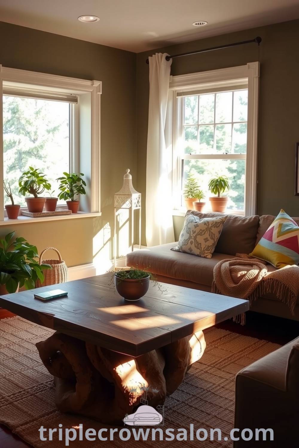Nature-inspired living room featuring a reclaimed wood coffee table, woven jute rug, potted plants on window sills, and a muted mossy wall color, creating a cozy atmosphere filled with earthy textures and inviting designs for your home. Visit triplecrownsalon.com for more decor ideas.