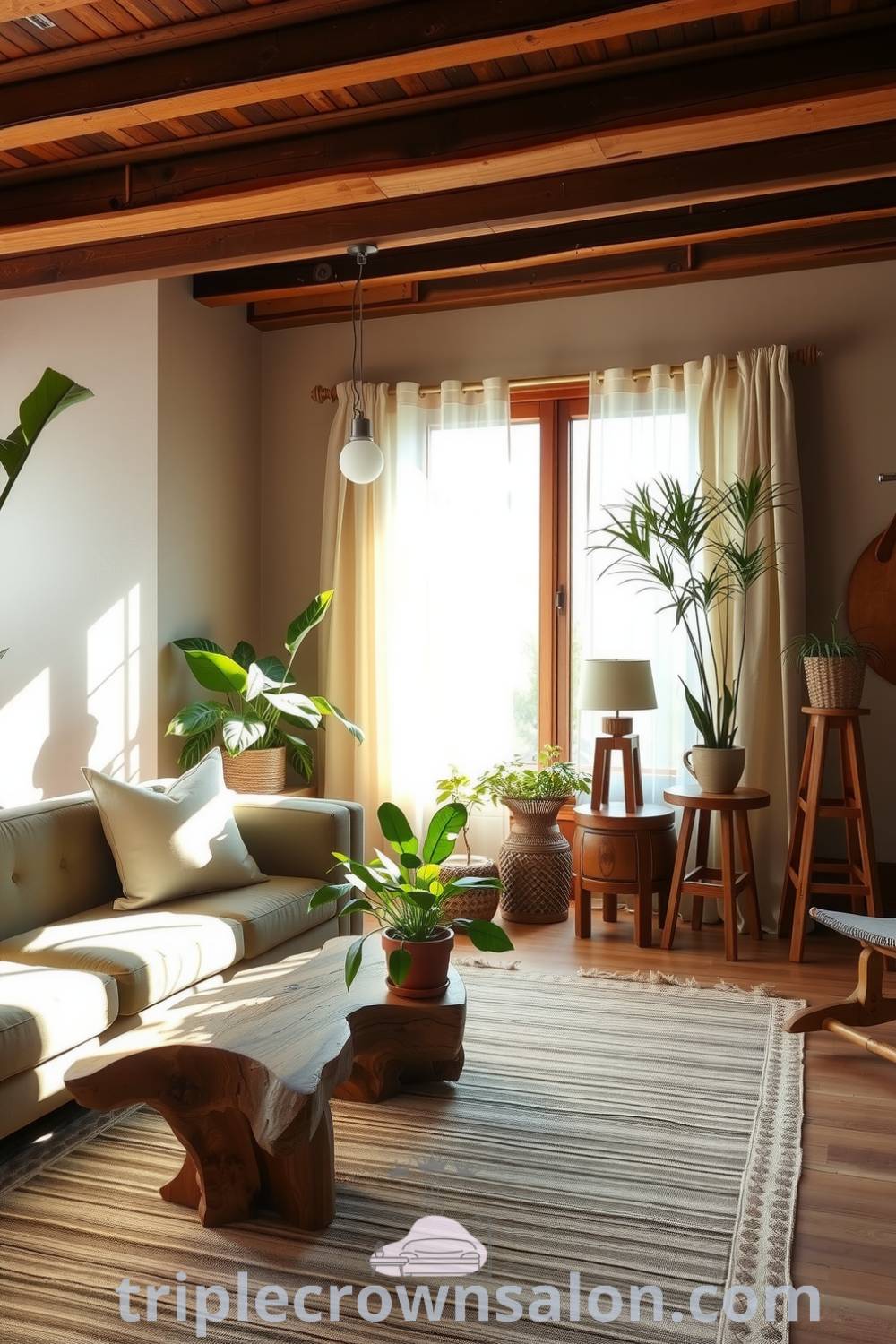 Nature-inspired living room featuring earthy tones, a moss-green sofa, reclaimed wood coffee table, and various potted plants, creating a cozy and serene atmosphere for relaxation. For more cozy ideas and decor inspirations, visit triplecrownsalon.com.