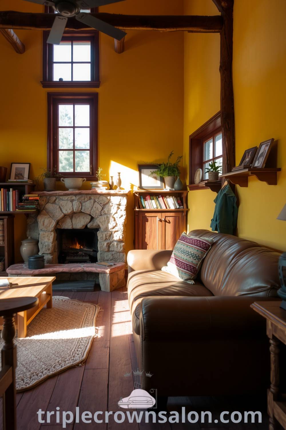 A rustic living room featuring a worn leather sofa, a glowing stone hearth, and handcrafted wooden shelves filled with books and potted plants, creating a cozy and inviting atmosphere, ideal for relaxation and enjoying quiet afternoons, showcasing unique ideas for home decor at triplecrownsalon.com.