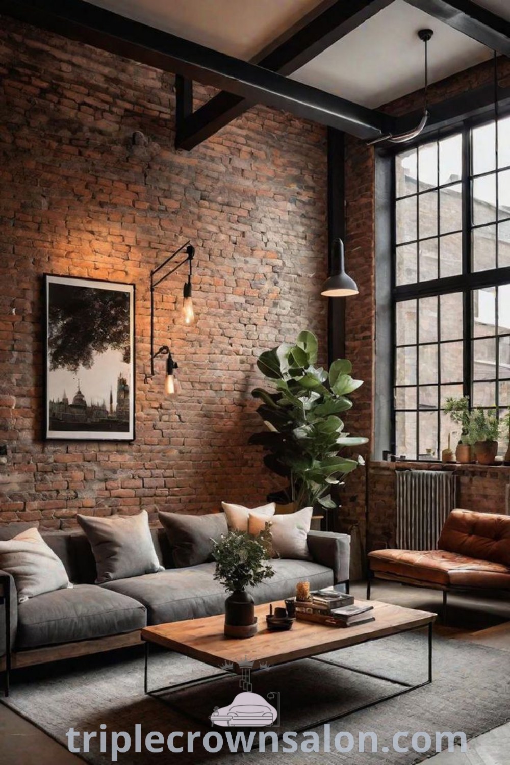 An industrial living room featuring brick walls, exposed ceilings, leather couches, and a coffee table, creating a cozy aesthetic and unique ideas for your home. Explore modern industrial decor and design tips for house or apartment at triplecrownsalon.com.