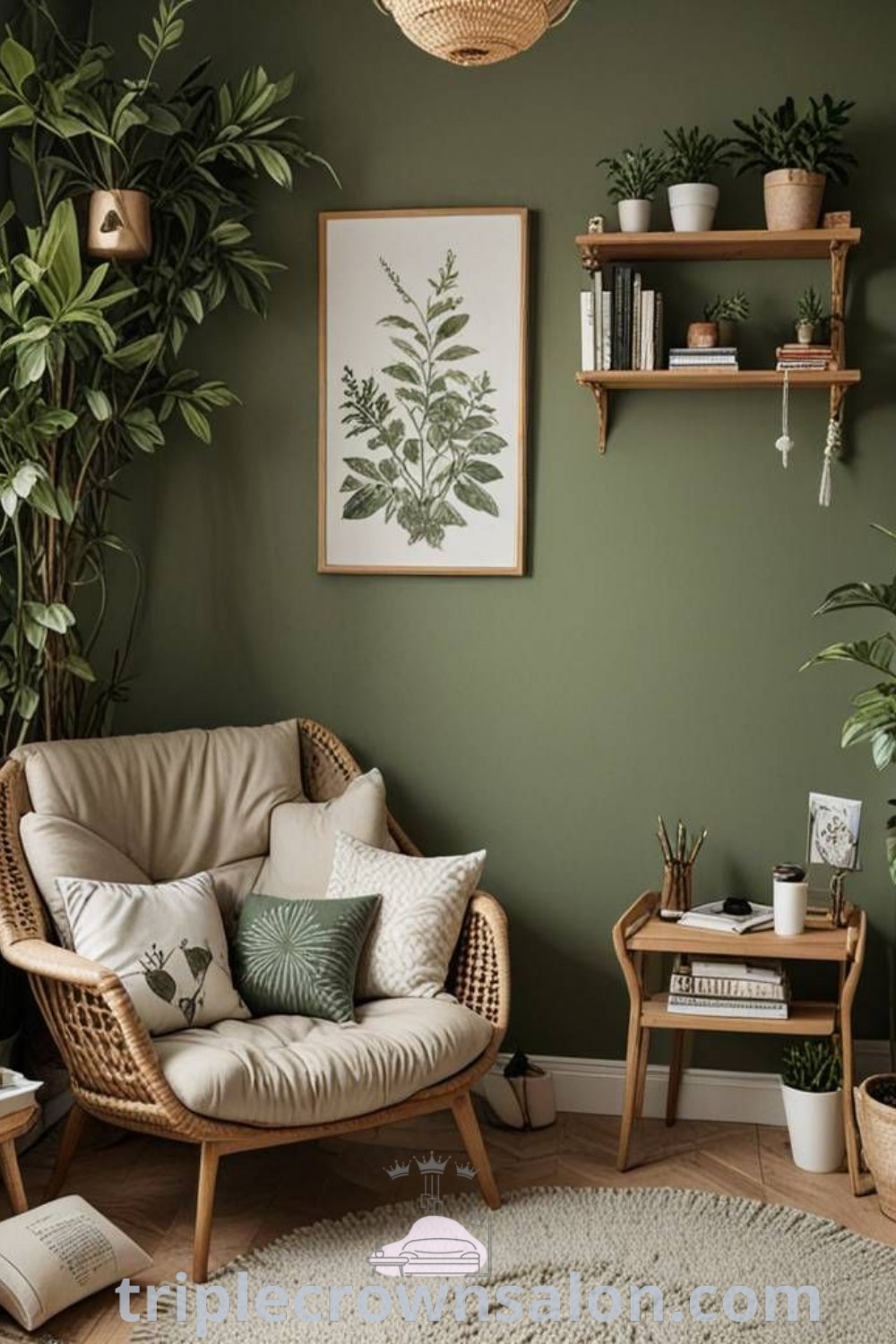 A cozy boho living room with green walls, vibrant plants, and a wicker chair, showcasing a green aesthetic and vintage design ideas. This inviting space offers inspiring decor ideas for small spaces and a unique urban jungle feel for your home, with more insights available at triplecrownsalon.com.