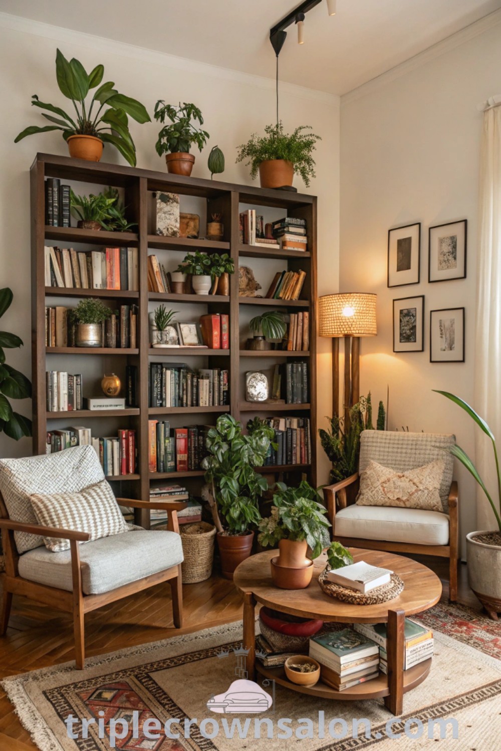 A vibrant living room filled with furniture, adorned with numerous plants on bookshelves, showcasing a botanical apartment aesthetic and maximalist decor living room boho style. This inviting space offers design tips and cozy ideas for your home, perfect for apartment styling. Explore more decor inspirations at triplecrownsalon.com.