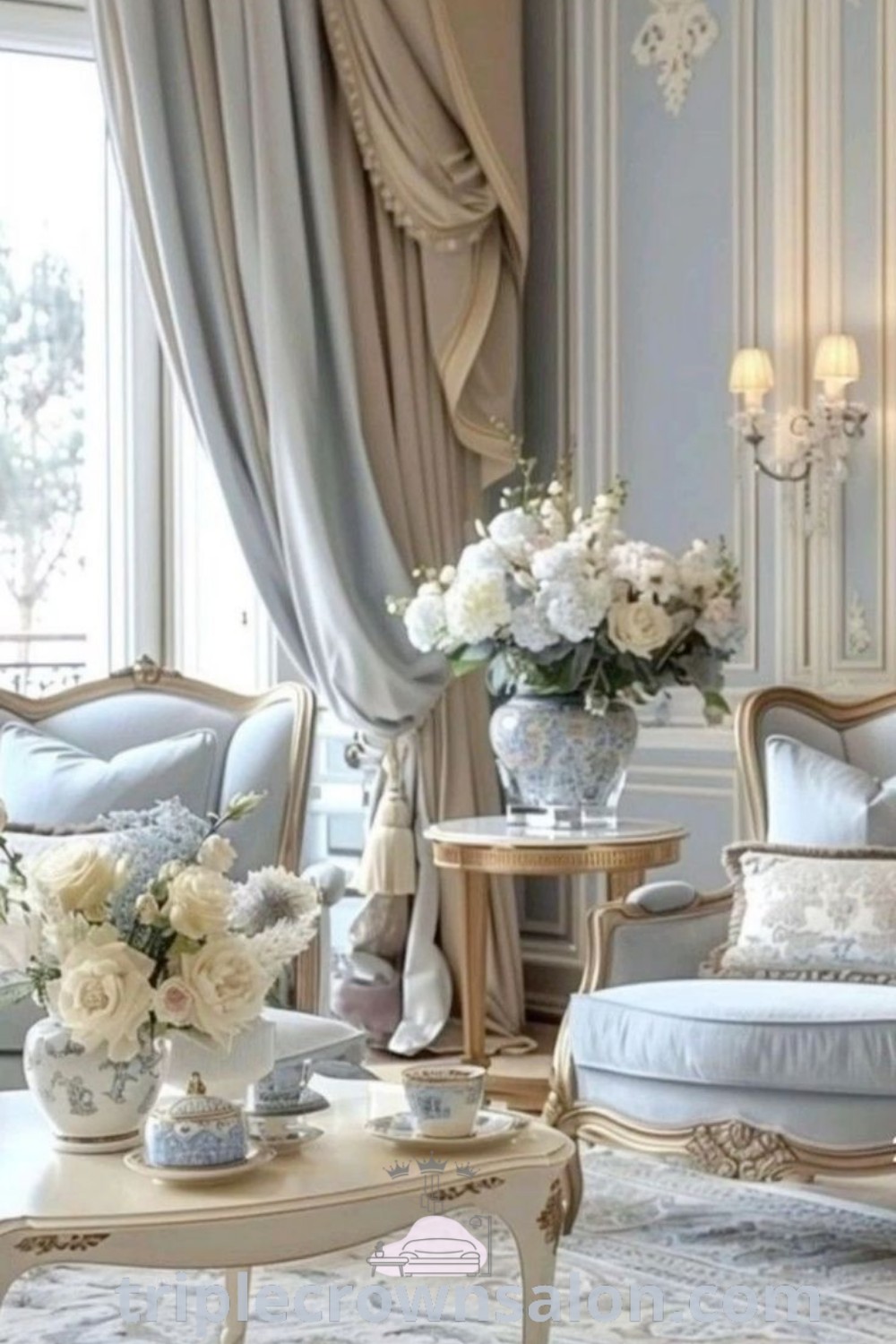 A stylish French living room featuring elegant furniture, colorful flower vases, and cozy decor ideas that inspire comfort and beauty. The perfect blend of classy decor and French living aesthetics for unique, inviting spaces. Explore more design inspirations at triplecrownsalon.com.