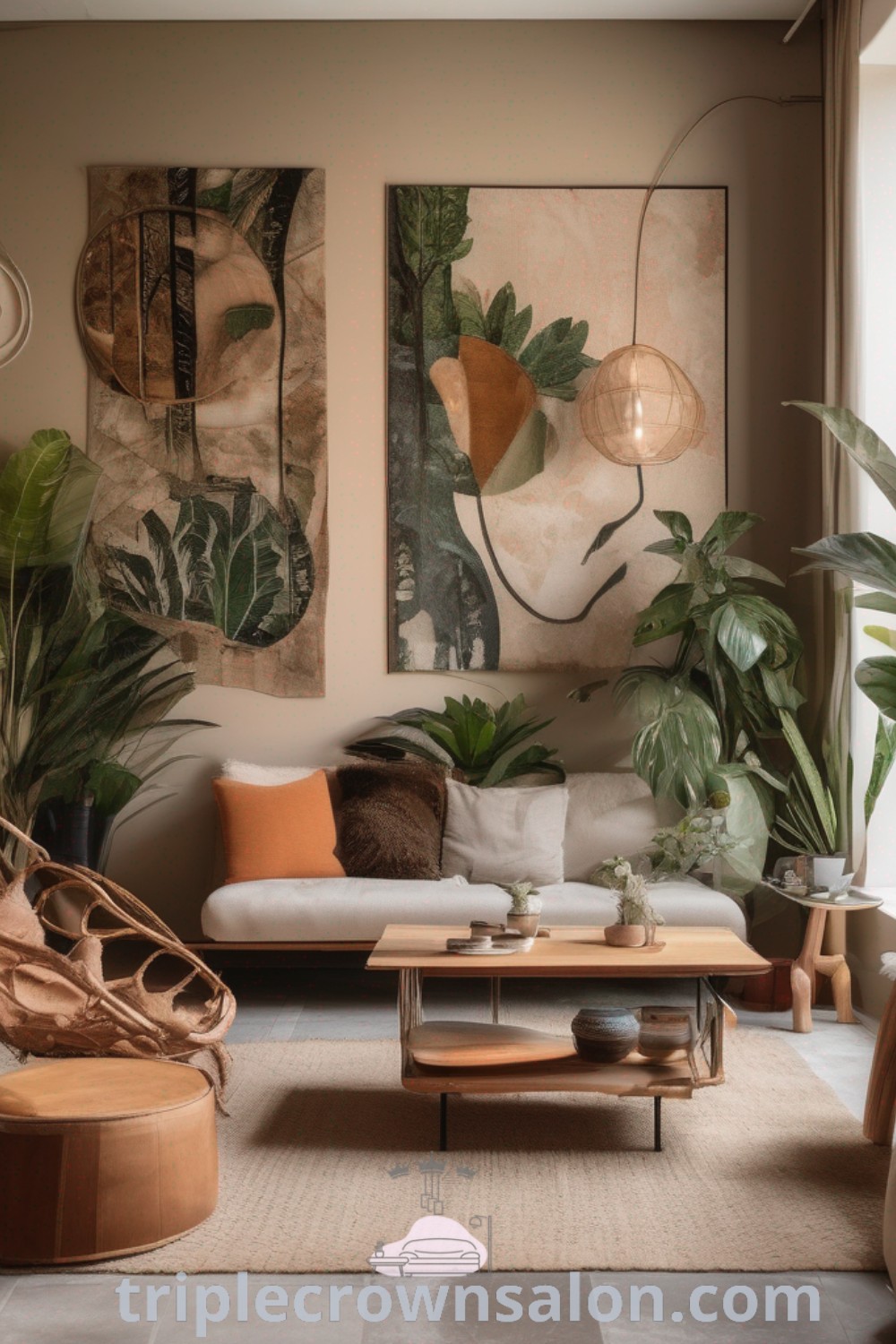 A minimalist bohemian living room filled with lots of plants, cozy decor ideas, and earthy tones, creating a warm and inviting atmosphere. This inspiring space offers unique ideas for house or apartment decor. Discover more inspirations and design trends at triplecrownsalon.com.