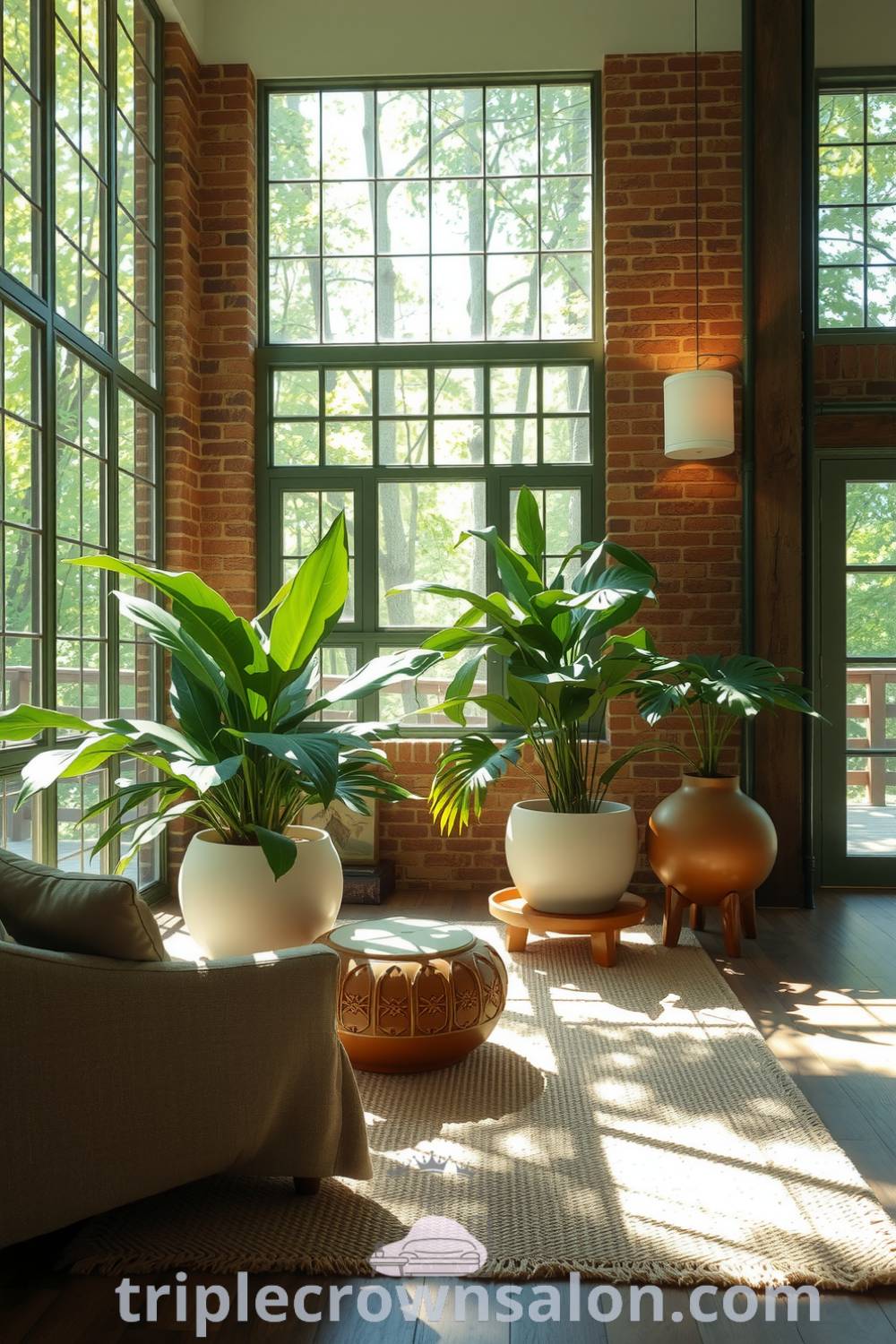 Living room featuring soft green tones, exposed brick, reclaimed wood, large windows with tree views, a plush woven rug, oversized plants in ceramic pots, embodying a cozy aesthetic perfect for relaxation welcome at triplecrownsalon.com.