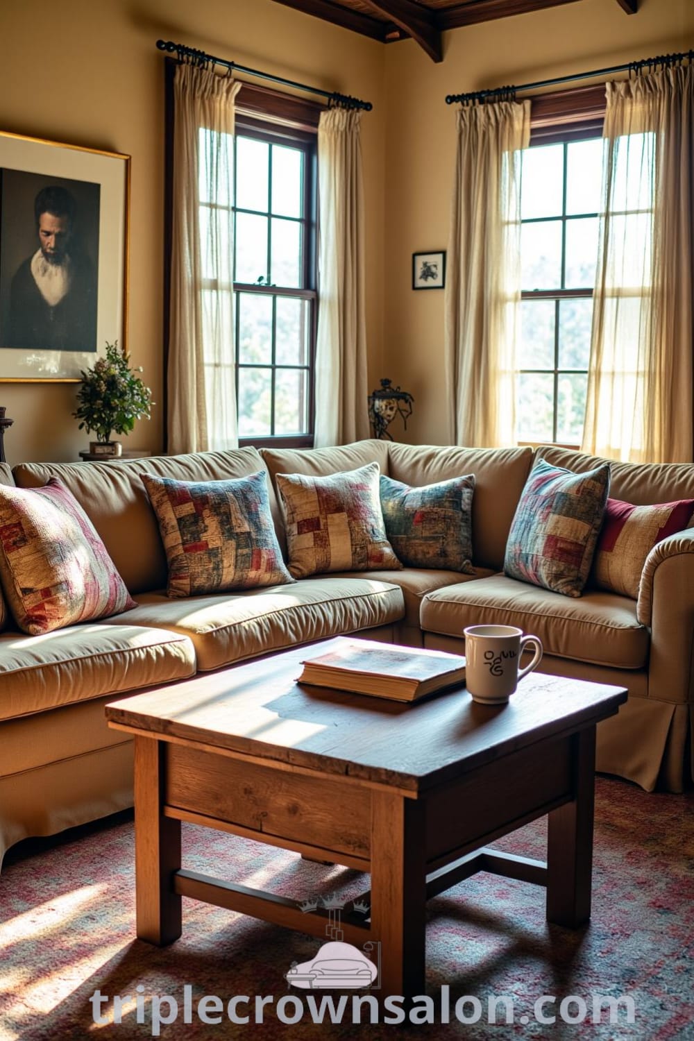 Rustic living room with a large, inviting sofa adorned with mismatched cushions, a sturdy coffee table with books and a mug, and sunlight filtering through sheer curtains, creating a cozy atmosphere filled with warm beige walls and rough-hewn wood floors. Visit fireplacesandwoodstoves.com for more cozy ideas and decor inspirations.