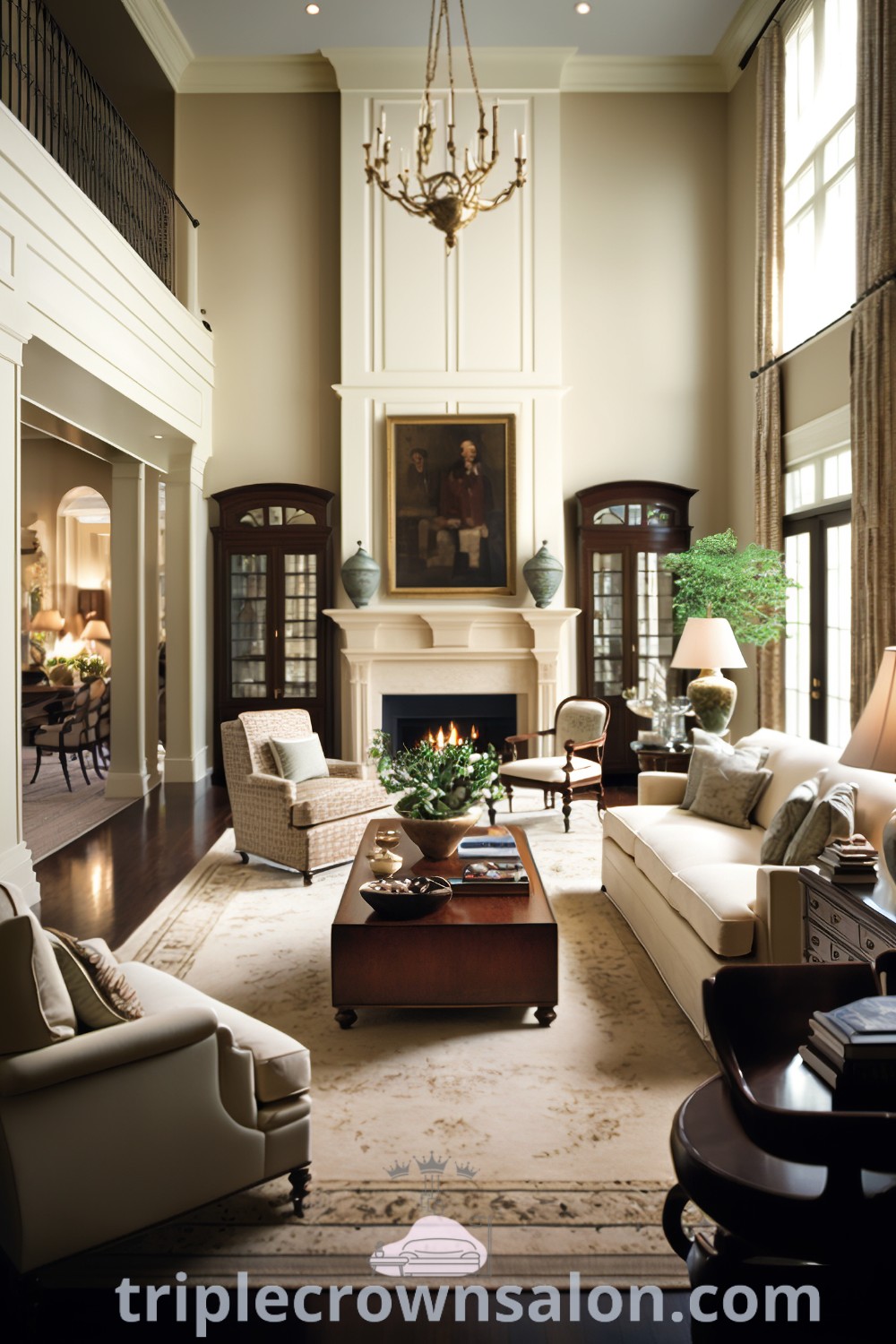 A stunning double height living room with columns, cozy fireplace, and contemporary furniture design. This space offers inspiring decor ideas, combining comfort and elegance, ideal for your home