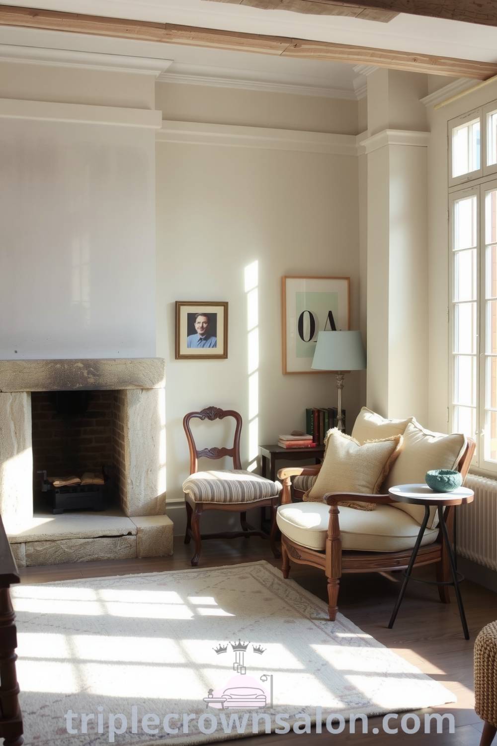 Cozy French living room with weathered wooden furniture, a stone fireplace, pastel walls, and a plush area rug, showcasing unique decor inspirations for creating a warm and inviting space at triplecrownsalon.com.