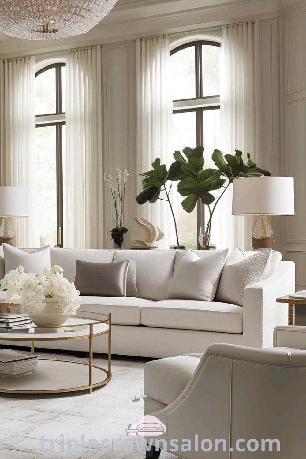 A luxurious modern white living room filled with elegant furniture, ample window sill space, and a beautiful chandelier. This classic contemporary living room design promotes a cozy home atmosphere and offers unique ideas for decor inspirations. Explore more at wellnesswink.com.