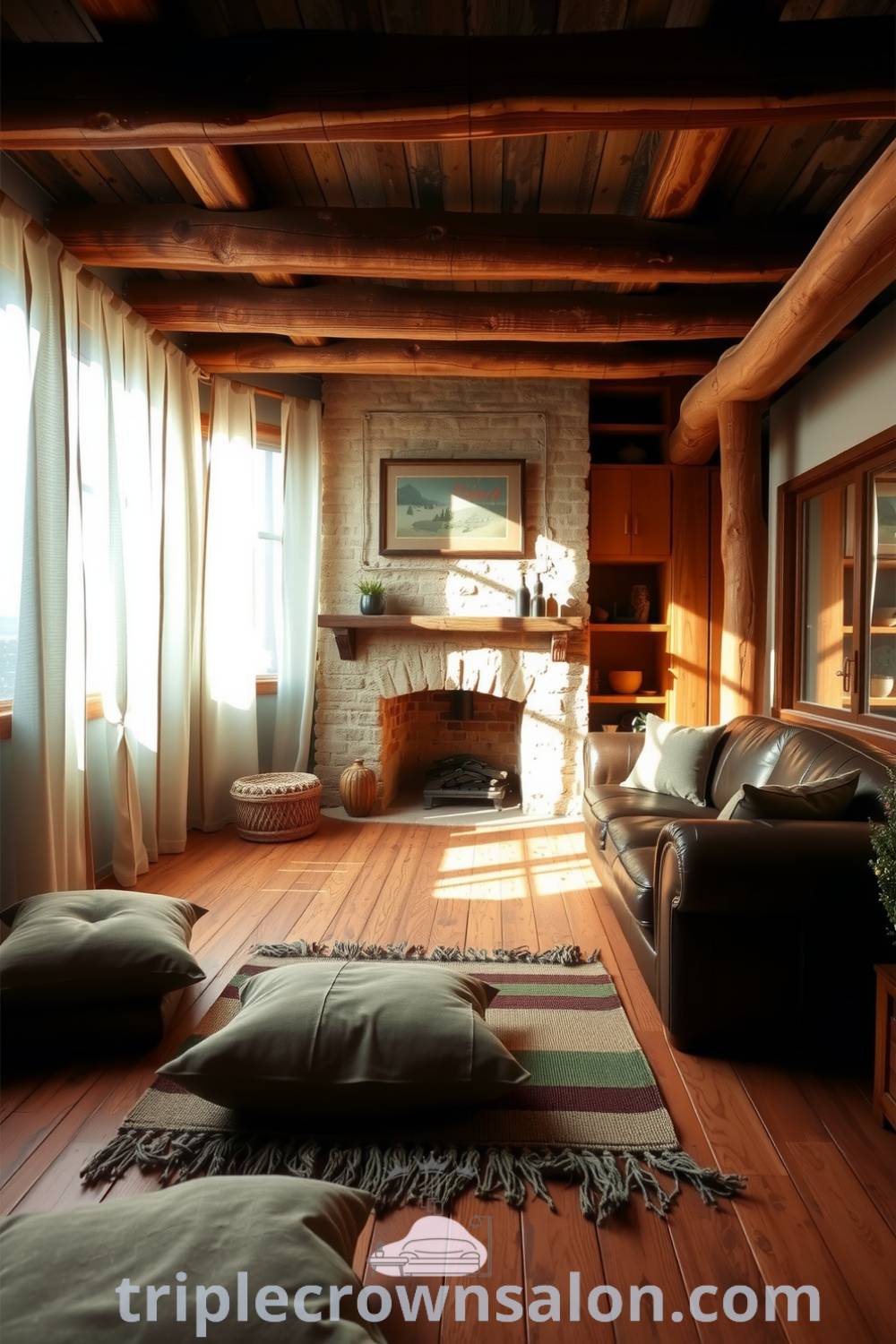 Rustic living room with warm, natural light, a worn leather sofa, and a crackling stone fireplace, featuring weathered wooden beams and a handwoven rug, providing cozy ideas for your home decor inspirations. Visit fireplacesandwoodstoves.com for more design ideas.
