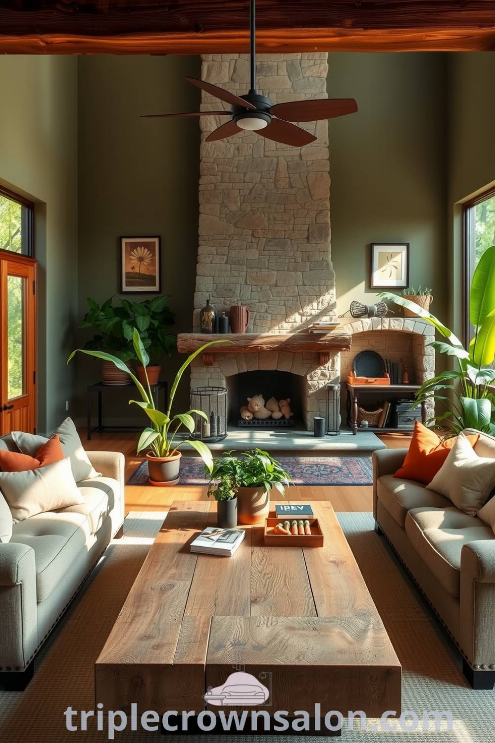 Nature-inspired living room featuring muted greens and earth tones, a weathered wooden coffee table, plush linen sofas, large potted plants, and a stone fireplace, creating a cozy aesthetic. Discover more decor ideas for your home at triplecrownsalon.com.