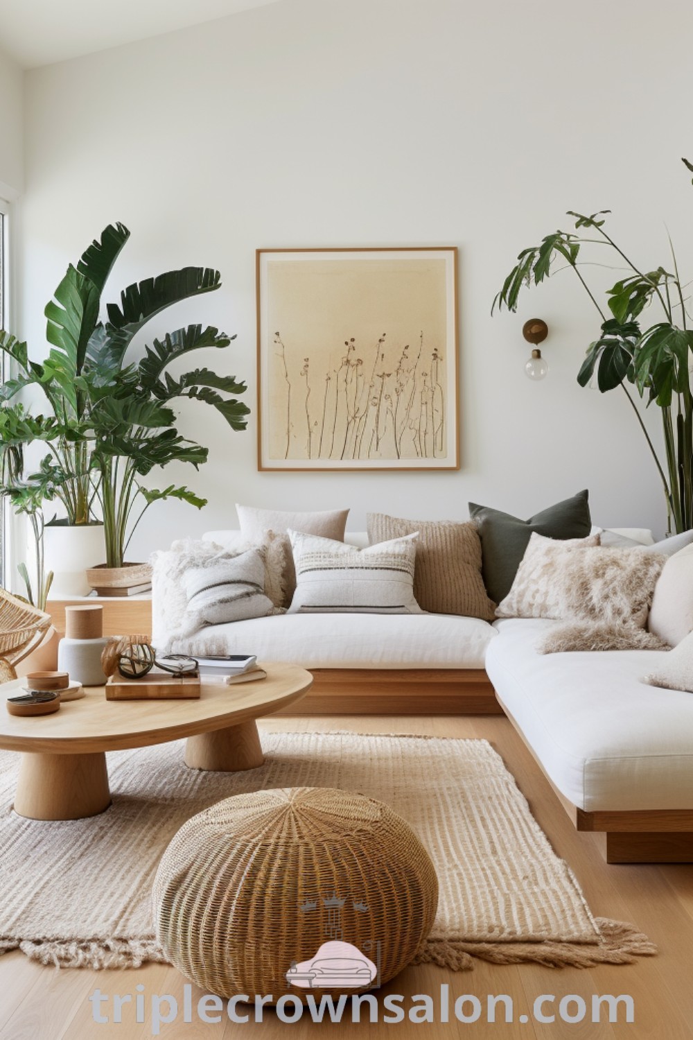 A boho living room featuring a set sofa surrounded by various plants, creating a cozy home atmosphere. This decor inspires fresh design ideas for your home while showcasing unique ways to blend plants and furniture harmoniously. Visit triplecrownsalon.com for more home decor inspirations.