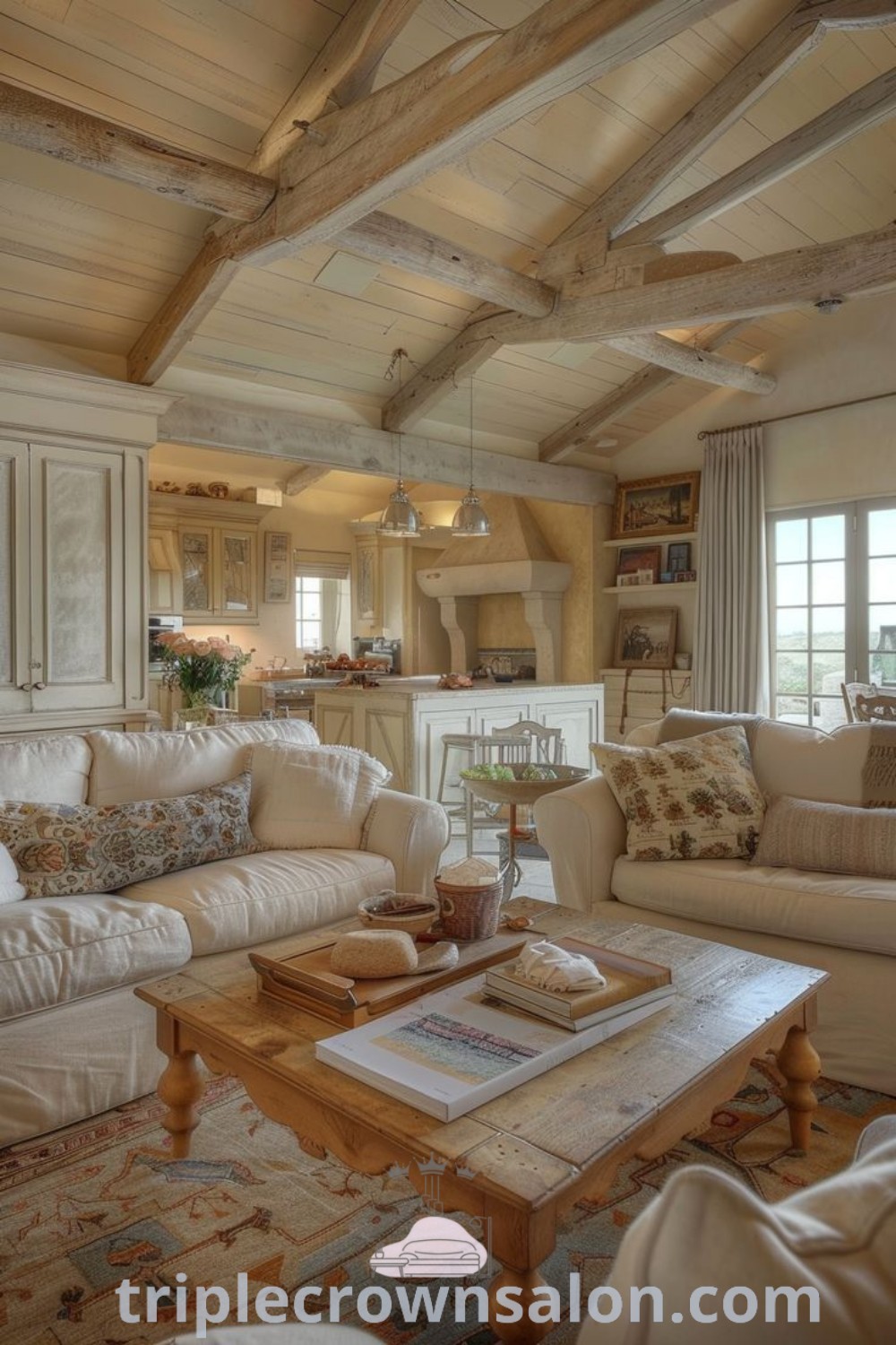 A cozy living room filled with white furniture and wooden beams, showcasing French Country Style and European Cottage interiors that inspire decor ideas for your home. The inviting atmosphere blends functionality with elegance, perfect for a cozy aesthetic. Explore more unique design ideas at triplecrownsalon.com.