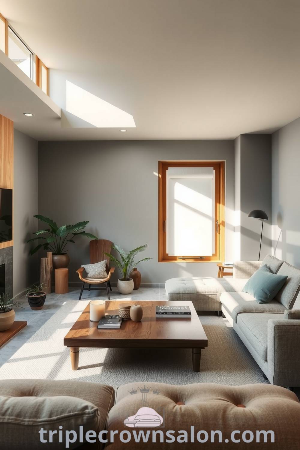 Japandi living room featuring soft greys, warm wood textures, minimalist furnishings, plush seating, large windows with natural light, and potted plants, creating a cozy aesthetic and inspiring decor ideas for small spaces at triplecrownsalon.com.