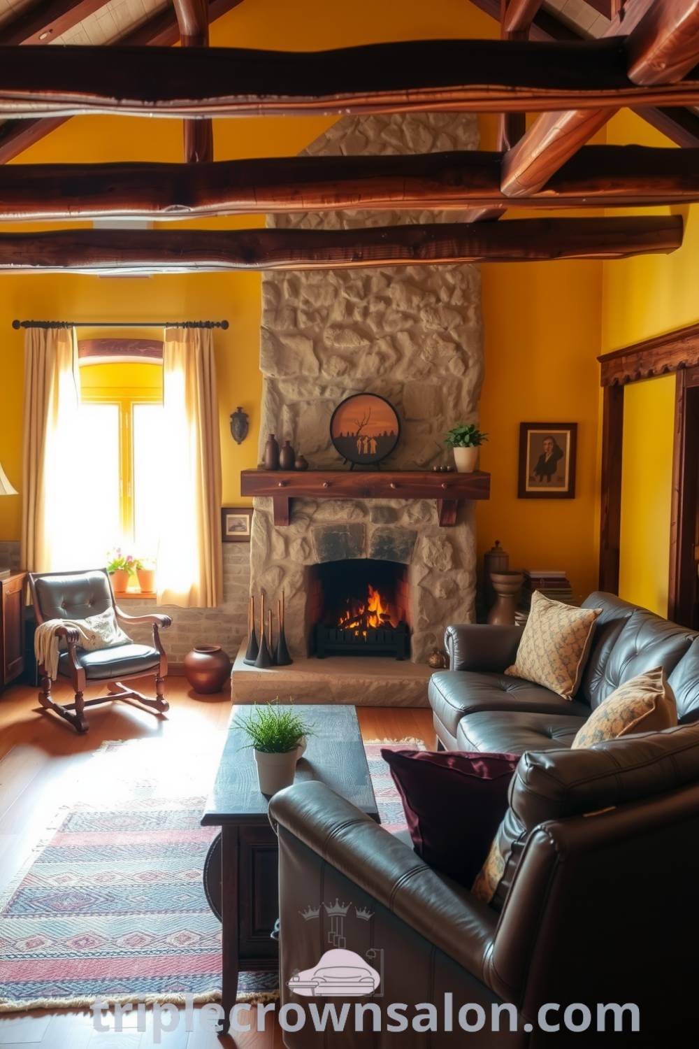 Cozy rustic living room with wooden beams, a stone fireplace, worn leather furniture, and a handwoven rug, creating an inviting atmosphere that inspires cozy home decor ideas at triplecrownsalon.com.