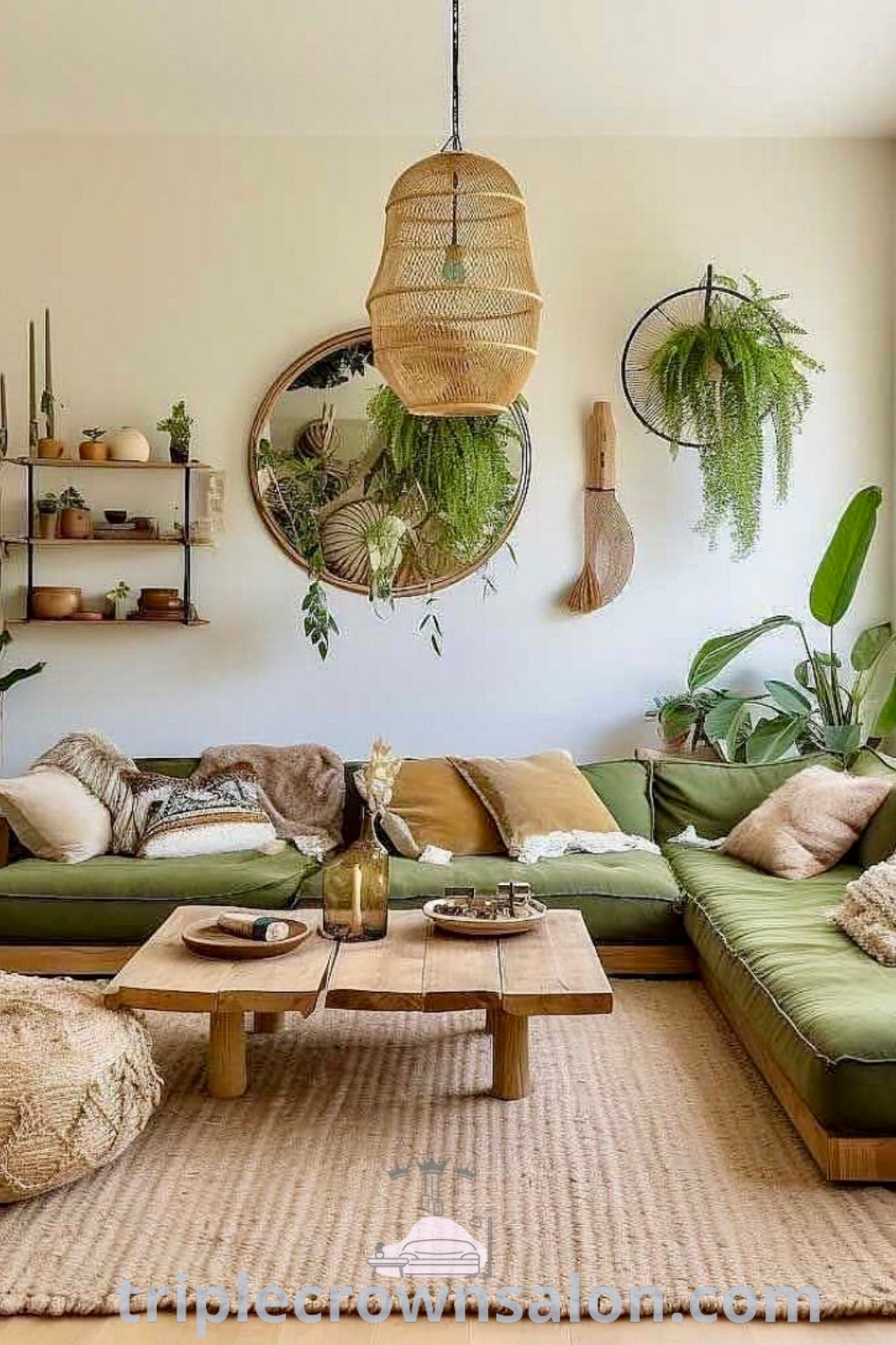 A vibrant tropical living room adorned with green furniture and wall-mounted plants, showcasing a cozy and inviting atmosphere. This decor delivers unique ideas for small spaces and embodies design trends, offering inspirations for your home at triplecrownsalon.com.