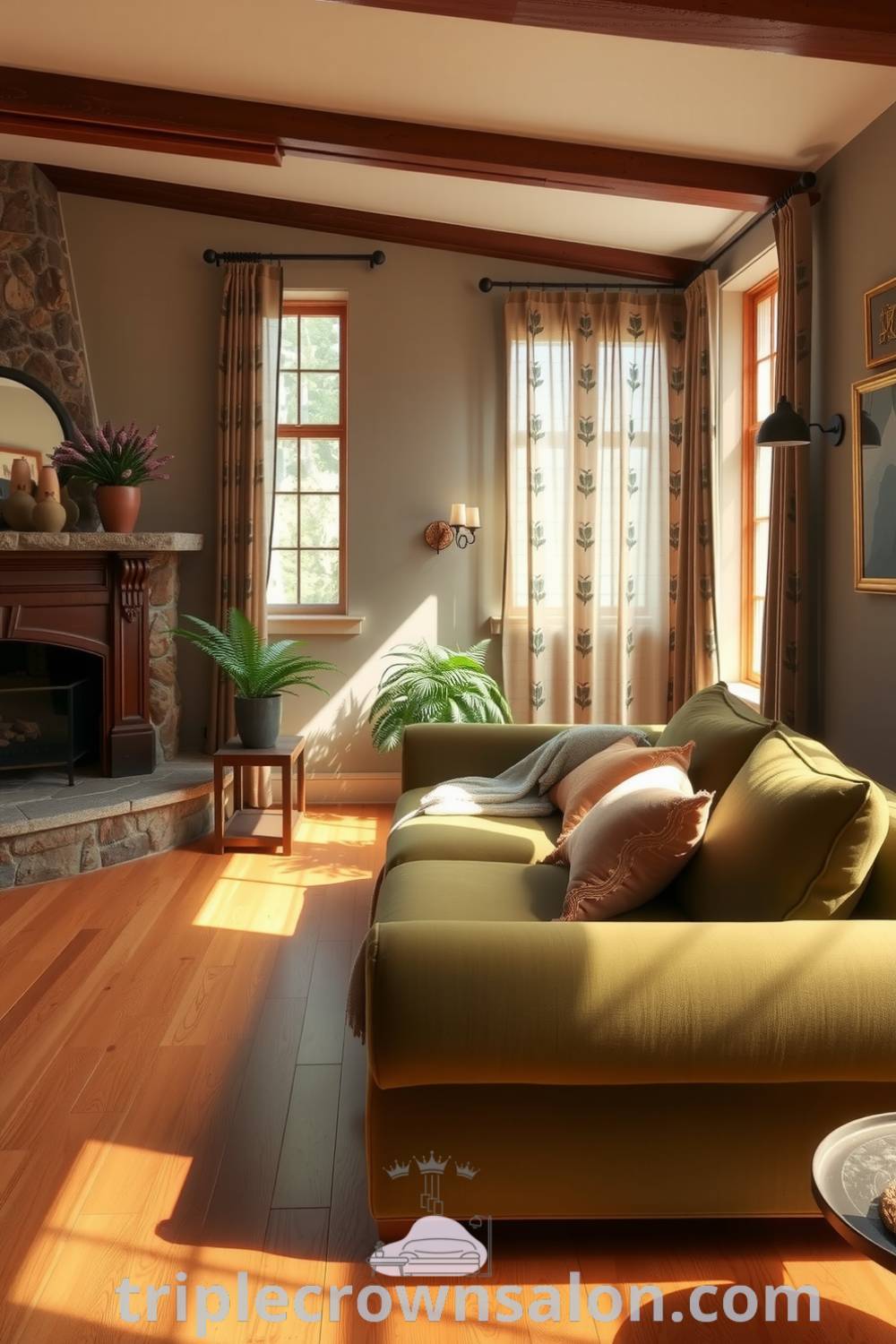 Cozy nature-inspired living room featuring warm oak flooring, a moss-green sofa with earthy cushions, leafy-patterned curtains, a stone fireplace, and potted ferns, offering decor ideas and inspiration for creating a cozy home atmosphere at triplecrownsalon.com.