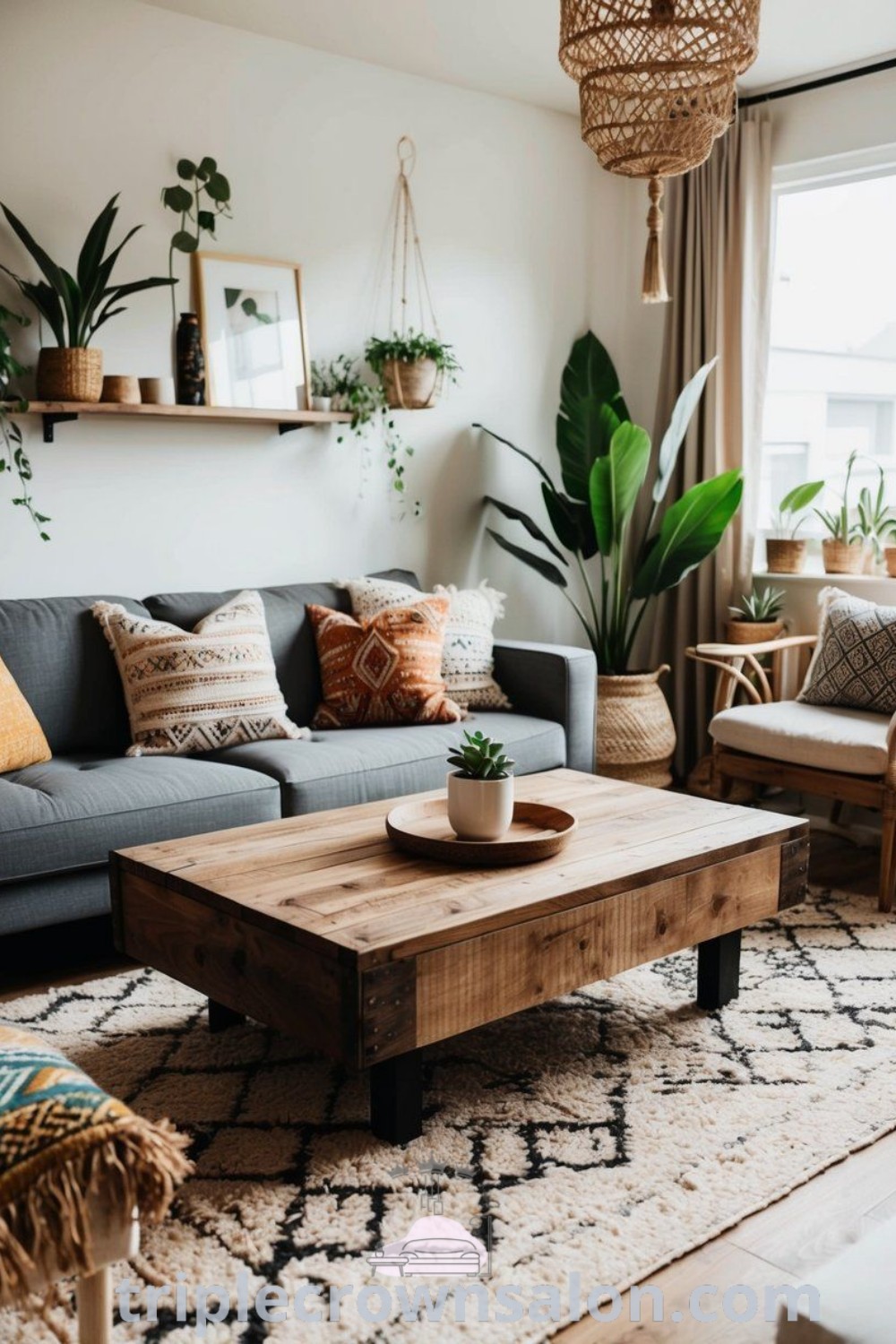 A cozy boho living room filled with an eclectic mix of furniture and abundant plants on a wooden table. The dark grey sofa enhances the modern farmhouse vibe, offering inspiring decor ideas for a stylish and unique home. Explore more on wellnesswink.com.