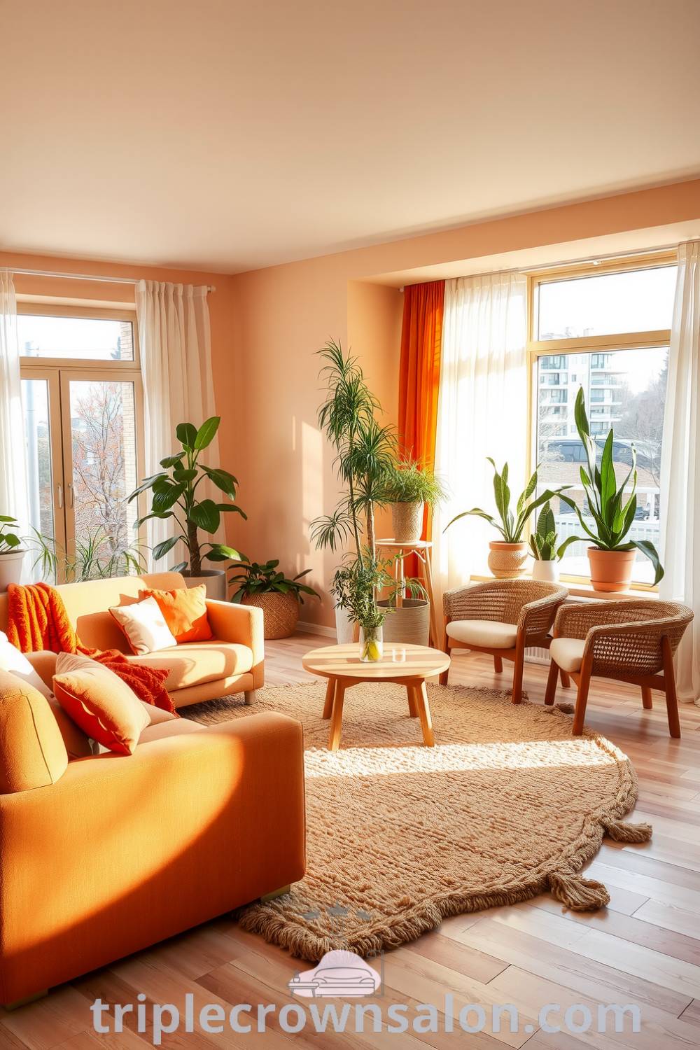 Cozy Scandinavian living room with warm orange accents, light wood furniture, plush rug, and deep-seated sofas, illuminated by natural light through large windows, featuring potted plants, offering cozy ideas and design inspirations for your home. Visit triplecrownsalon.com for more cozy decor ideas.