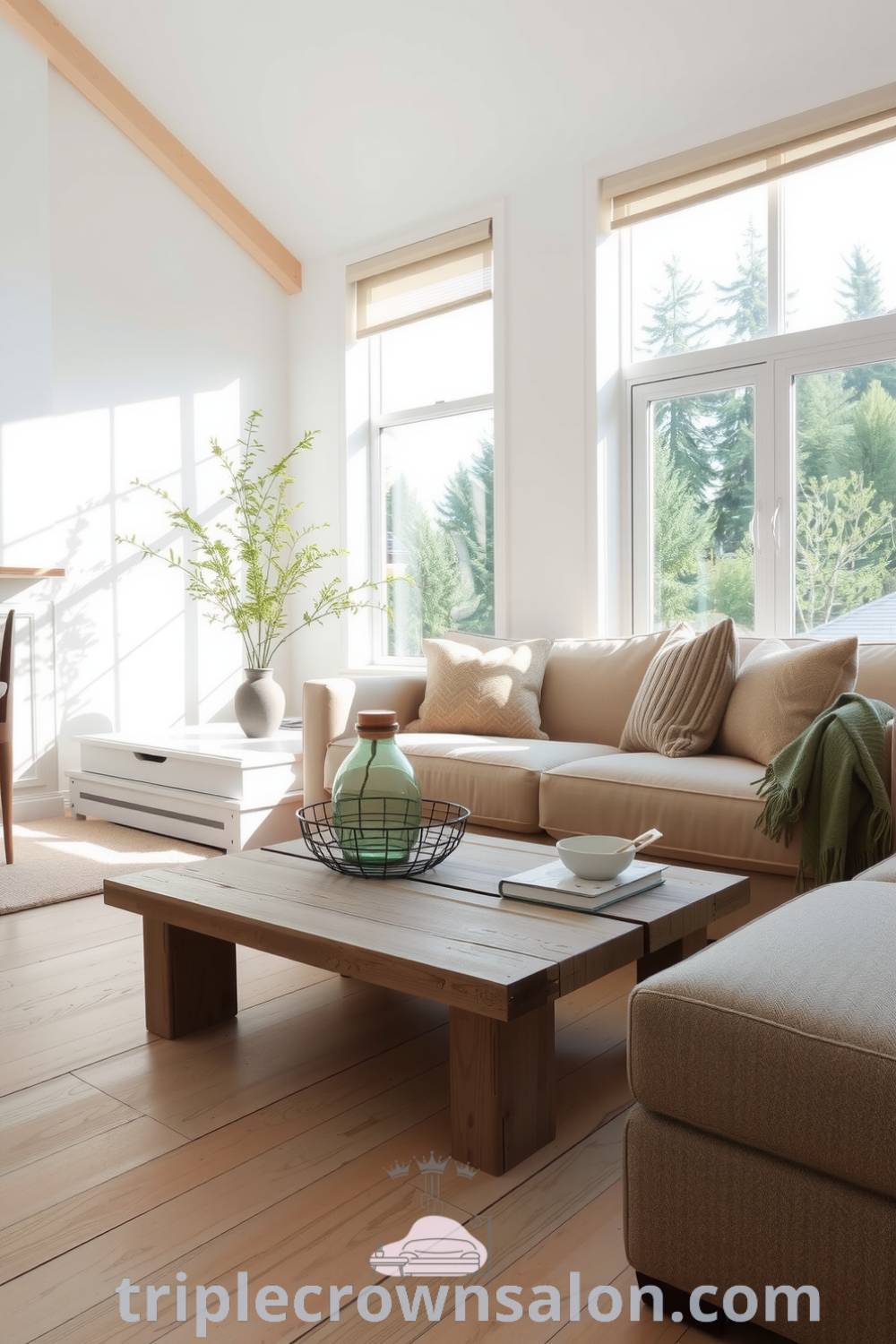 Cozy Scandinavian living room featuring soft white walls, weathered wood flooring, a neutral-toned sofa with throw pillows, large windows allowing natural light, and a reclaimed timber coffee table, creating a serene and inviting space. For more ideas, visit triplecrownsalon.com.