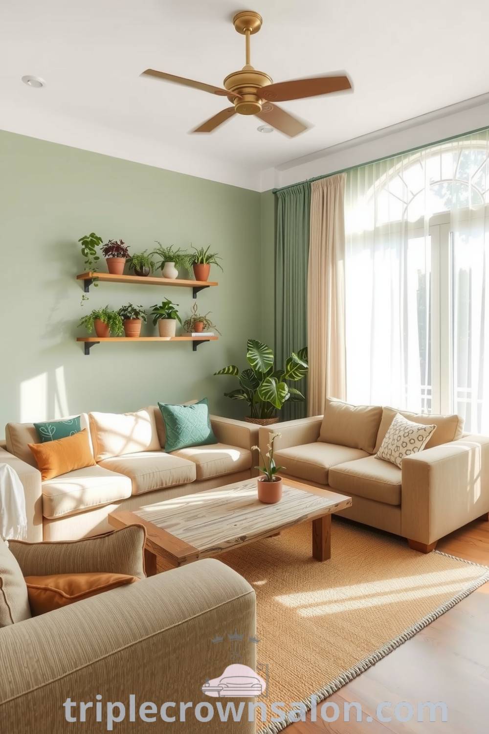 Cozy nature-inspired living room with soft green walls, plush earthy-toned sofa, reclaimed wood coffee table, vibrant houseplants, and sheer curtains, creating a refreshing and inviting atmosphere. Visit triplecrownsalon.com for more cozy decor ideas.