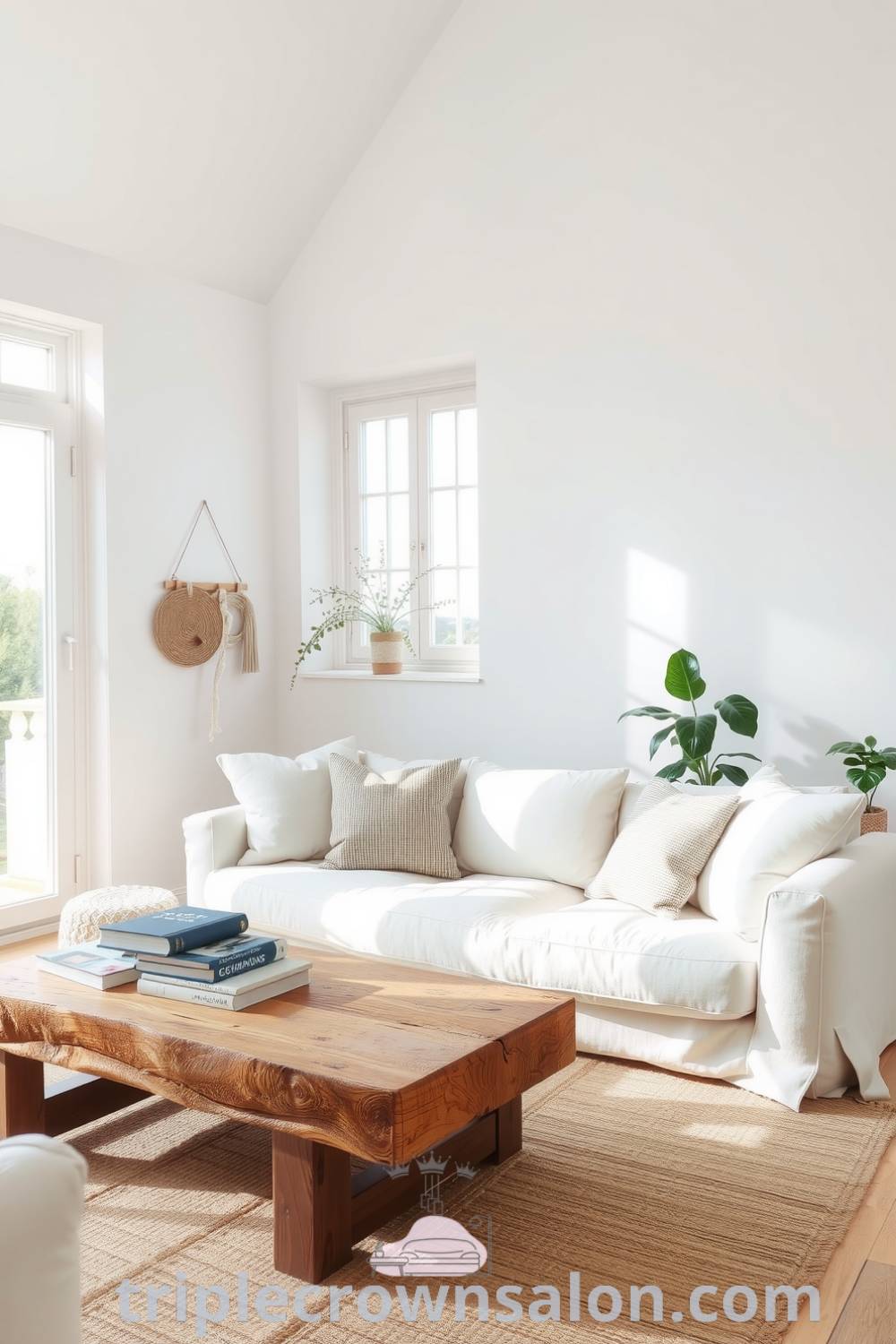 Scandinavian living room with soft white walls, a plush light-colored sofa, handmade throw pillows, a rustic wooden coffee table with books, a woven rug, and simple potted plants, creating a cozy and inviting atmosphere. Visit triplecrownsalon.com for cozy home decor ideas and inspirations.