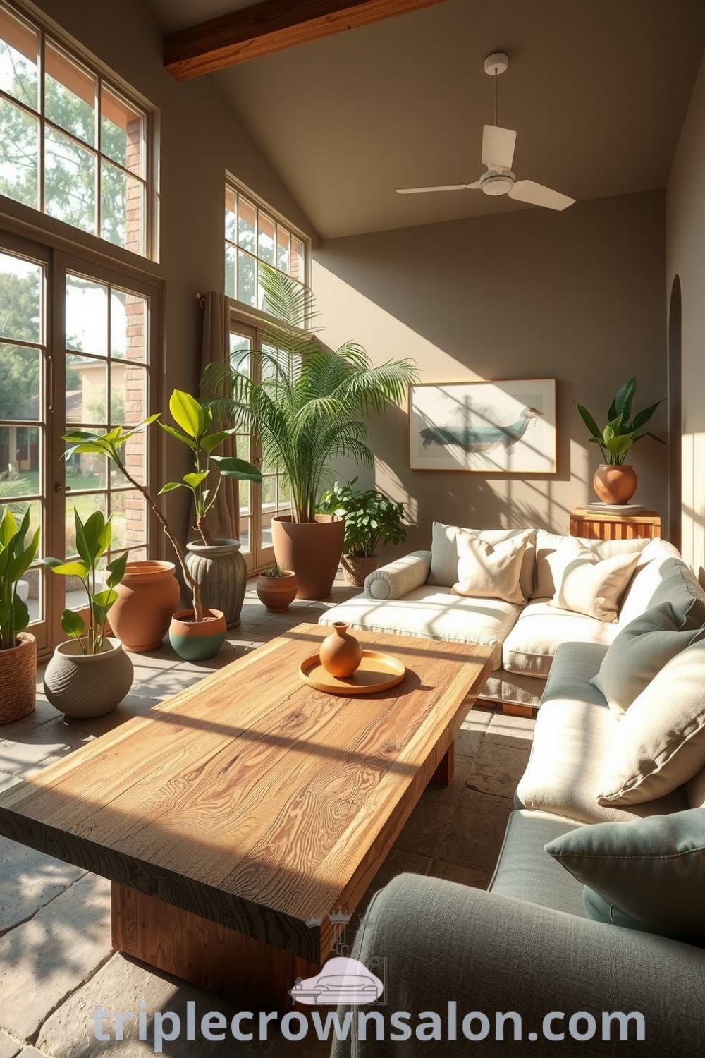 Cozy nature-inspired living room featuring earthy colors, reclaimed wood coffee table, organic cotton cushions, and abundant potted plants, creating a serene and inviting atmosphere that connects the interior with the outdoors at triplecrownsalon.com.
