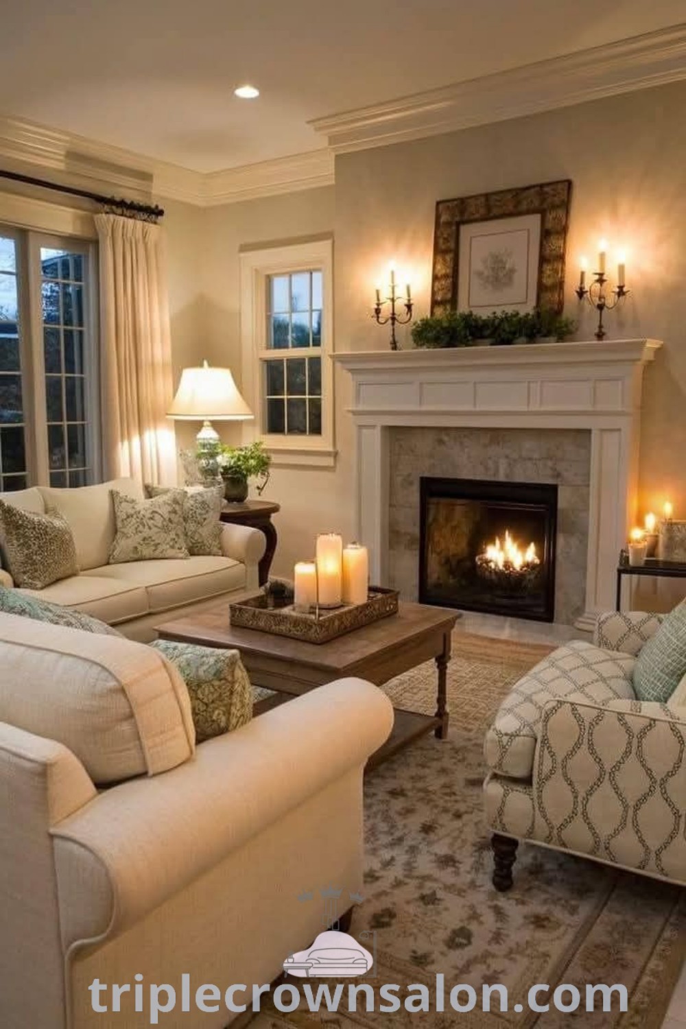 A cozy living room featuring two couches facing each other with a fireplace at the center, showcasing traditional decor and design ideas for small spaces. This inviting setting offers wellness inspirations and cozy home elements, perfect for creating a warm atmosphere. Discover more decor ideas at wellnesswink.com.