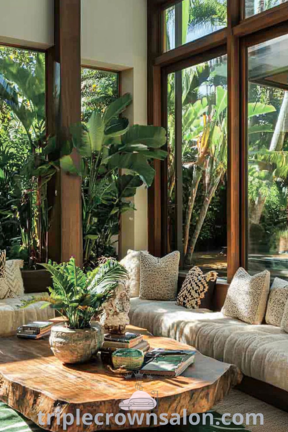 Cozy living room featuring earthy greens and browns, reclaimed wood coffee table, soft seating with leaf-patterned cushions, and potted plants, creating a serene and inviting atmosphere. Ideas for your home at triplecrownsalon.com.