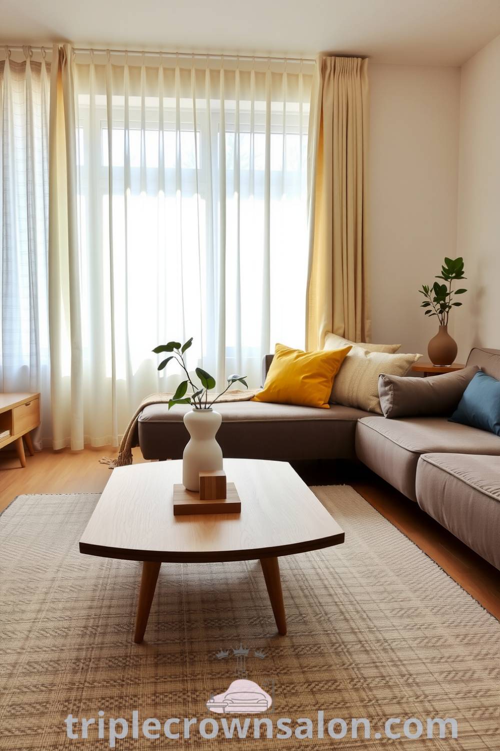 Cozy Japandi living room featuring yellow accents, natural materials, low wooden coffee table, plush cushions, and minimalist decor like a potted plant and a handmade ceramic vase, inspiring decor ideas for small spaces at triplecrownsalon.com.
