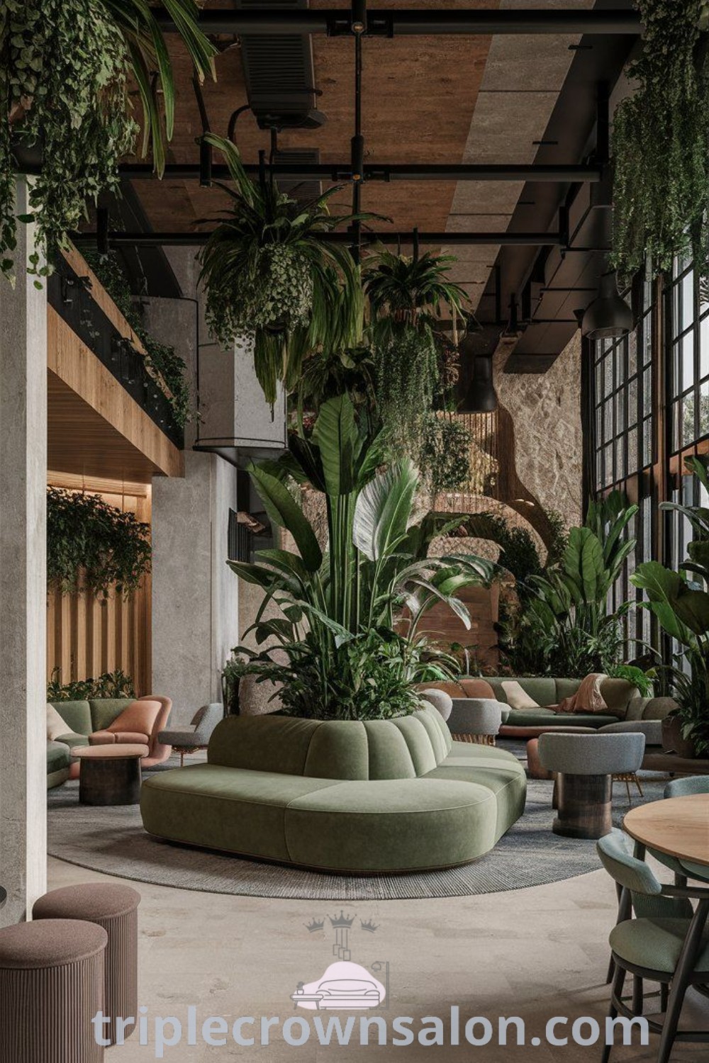 A cozy indoor lounge area decorated with plants and couches, illustrating jungle-themed living room ideas. This inviting space showcases the beauty of nature within your home, offering decor inspiration for living rooms filled with plants. Explore more at triplecrownsalon.com.