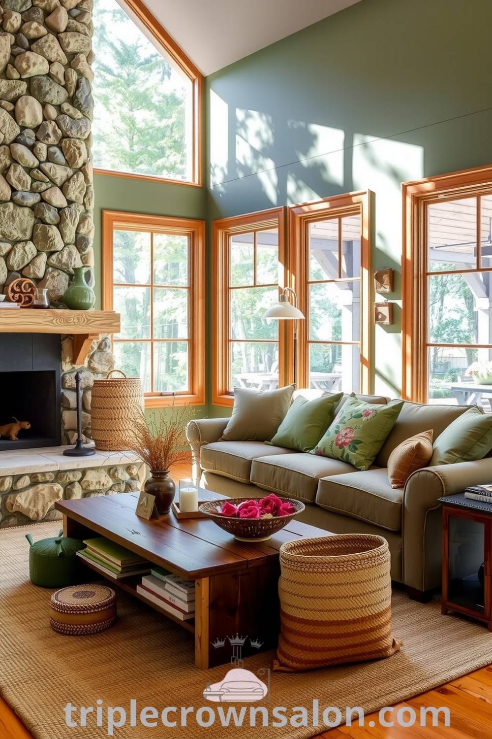 Nature-inspired living room featuring soft green walls, reclaimed wooden coffee table, comfy sofa with floral cushions, woven baskets with dried flowers, and floor-to-ceiling windows creating a cozy and inviting atmosphere, perfect for design ideas and inspirations from triplecrownsalon.com.