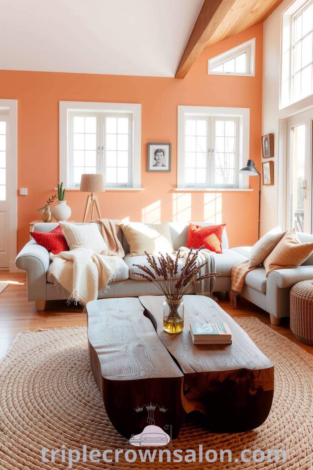 Scandinavian living room with soft orange accents, light walls, natural wood floors, cozy seating area, a reclaimed wood coffee table with books and wildflowers, showcasing cozy design ideas and inspirations for a warm and inviting space at triplecrownsalon.com.