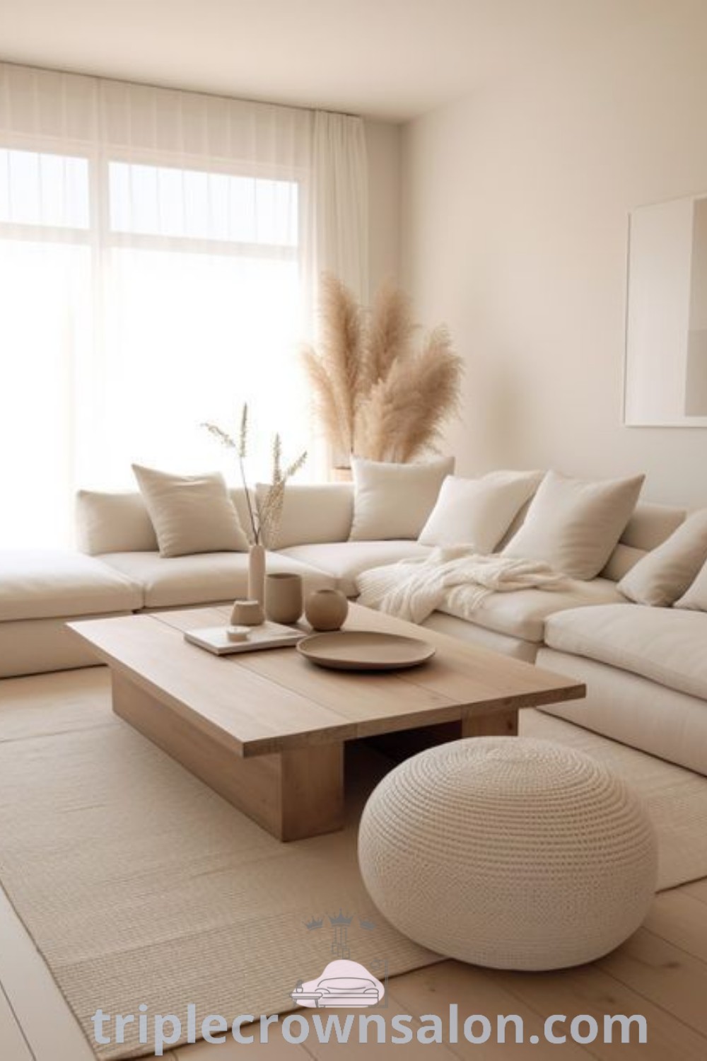 A cozy crème living room featuring white couches and pillows beside a large window, blending Japandi and Scandinavian styles for fall living room decor. Discover unique design ideas and inspirations for your home at triplecrownsalon.com.