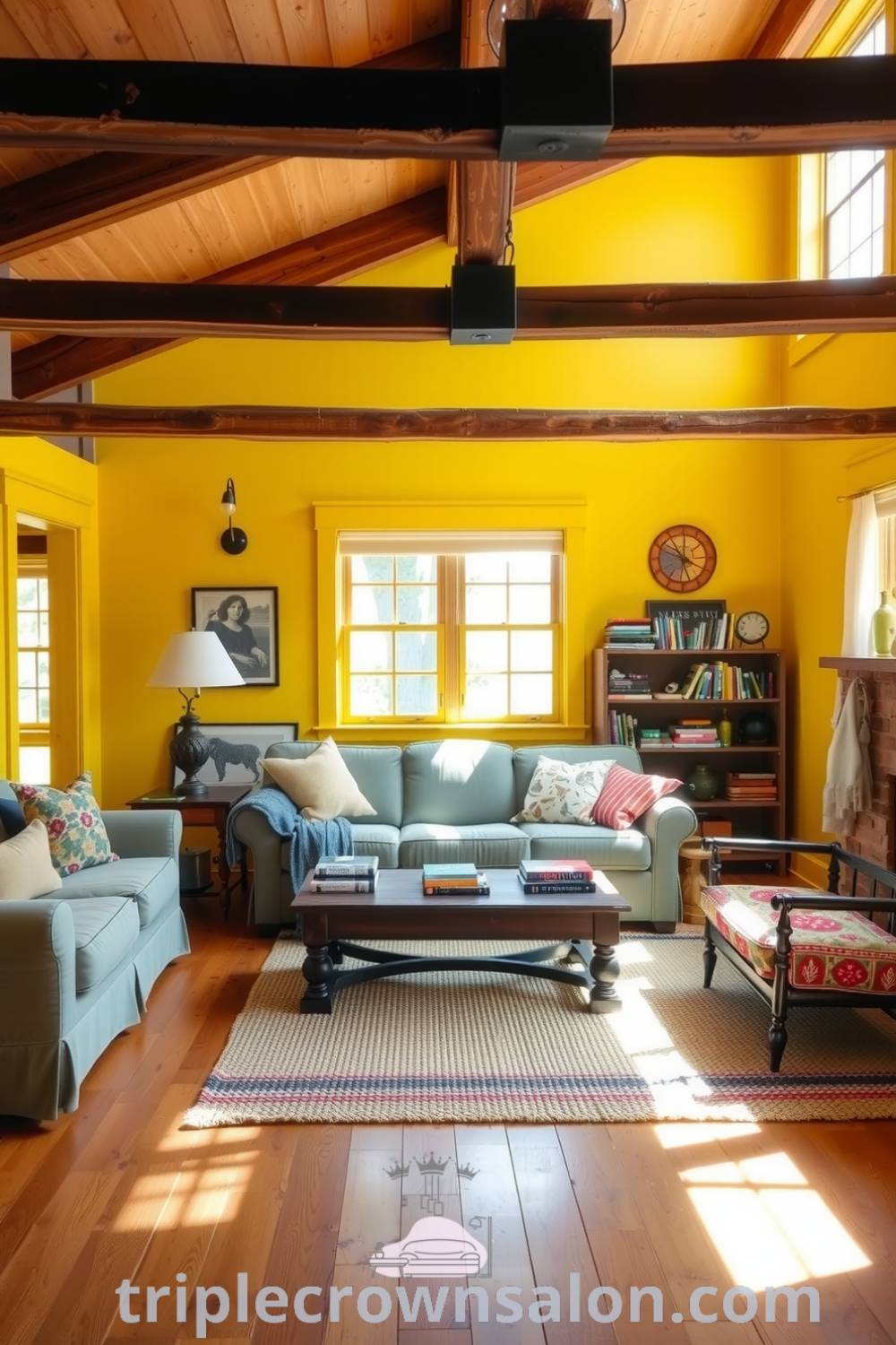 Cozy yellow farmhouse living room with sun-soaked walls, overstuffed sofa, rustic wooden beams, woven rug, and a collection of well-thumbed books, providing inspiring cozy decor ideas for your home at triplecrownsalon.com.