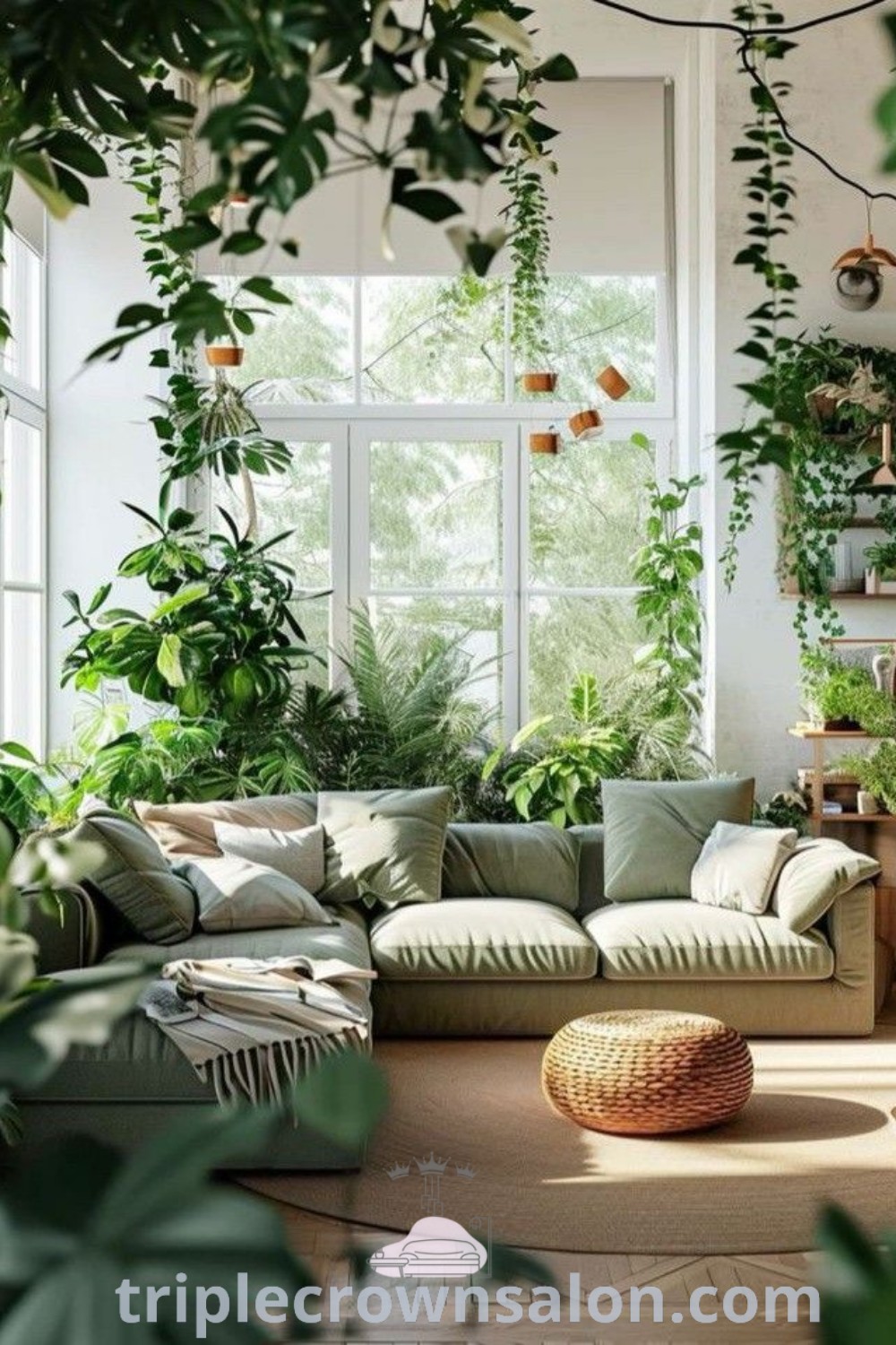 A living room filled with plants by a large window and white walls, reflecting cozy Japandi living while showcasing 2024 interior design trends. Earthy decor ideas and inspirations create a unique and inviting space for any house or apartment. For more design ideas, visit triplecrownsalon.com.
