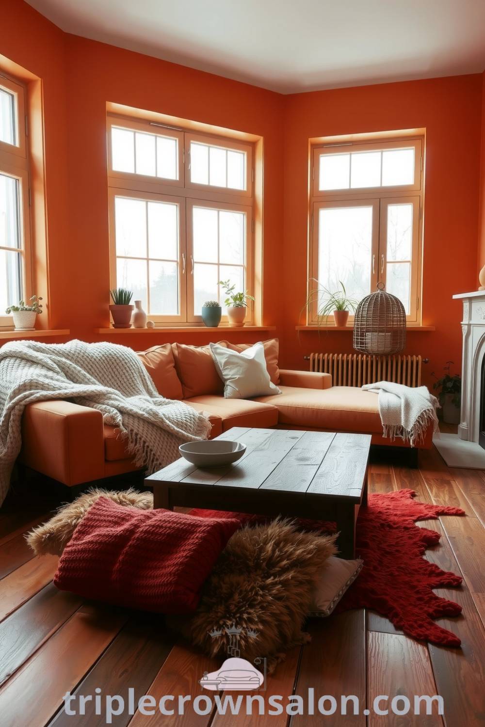 Scandinavian living room featuring warm orange tones, a cozy couch with textured throws, a rustic wooden coffee table, natural light filtering through large windows, and potted plants on the windowsill, showcasing cozy decor ideas for creating a tranquil living space on triplecrownsalon.com.